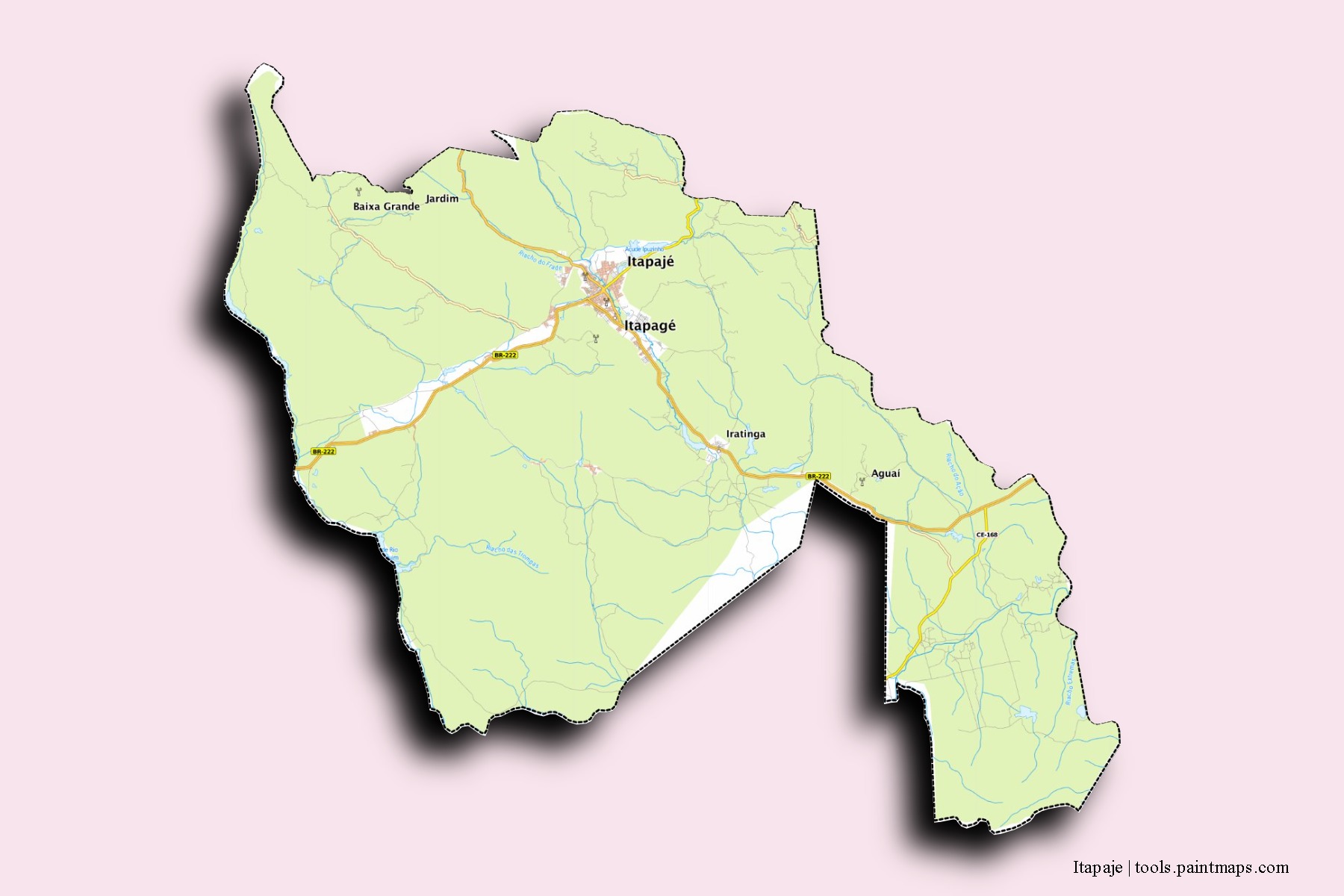 Mapa de barrios y pueblos de Itapaje con efecto de sombra 3D