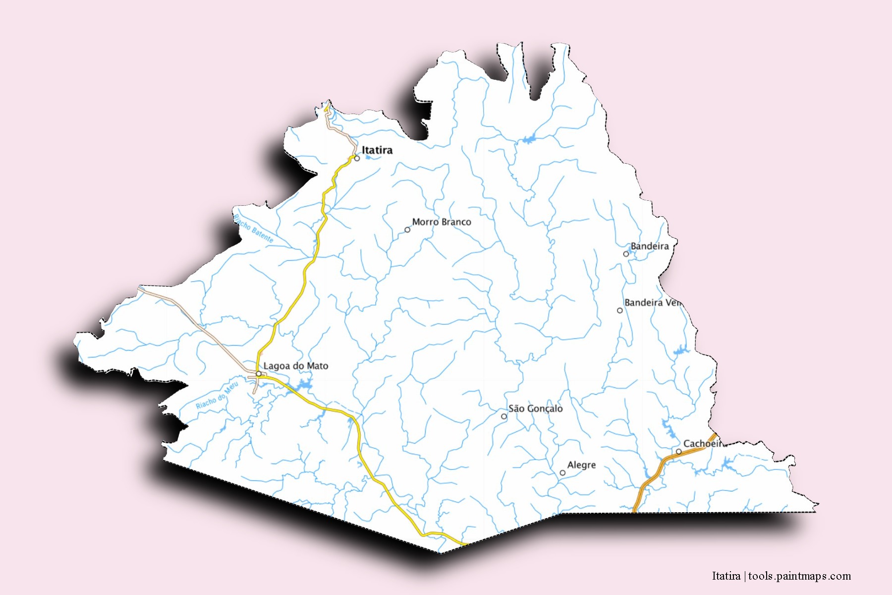 Mapa de barrios y pueblos de Itatira con efecto de sombra 3D