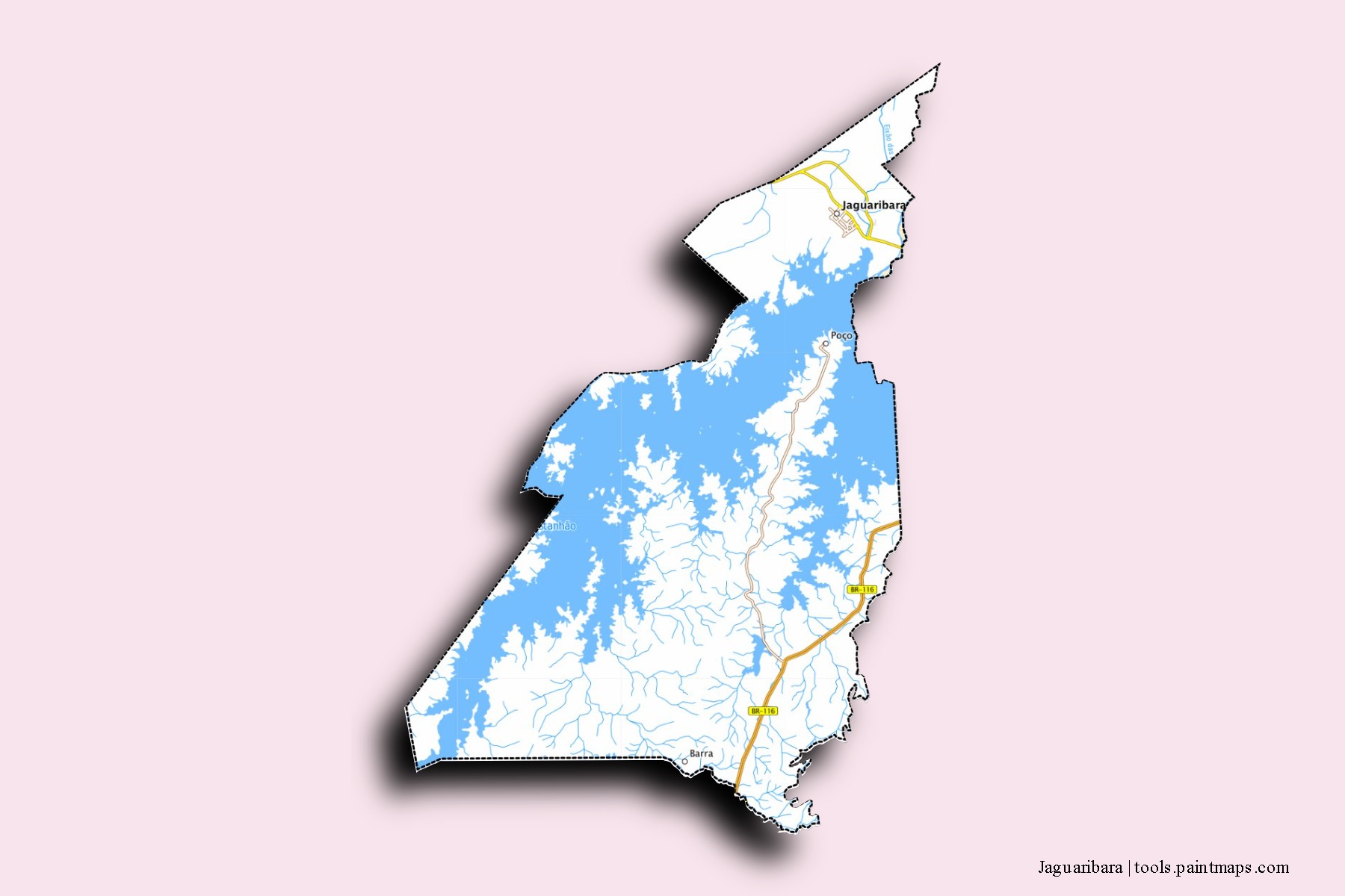 3D gölge efektli Jaguaribara mahalleleri ve köyleri haritası