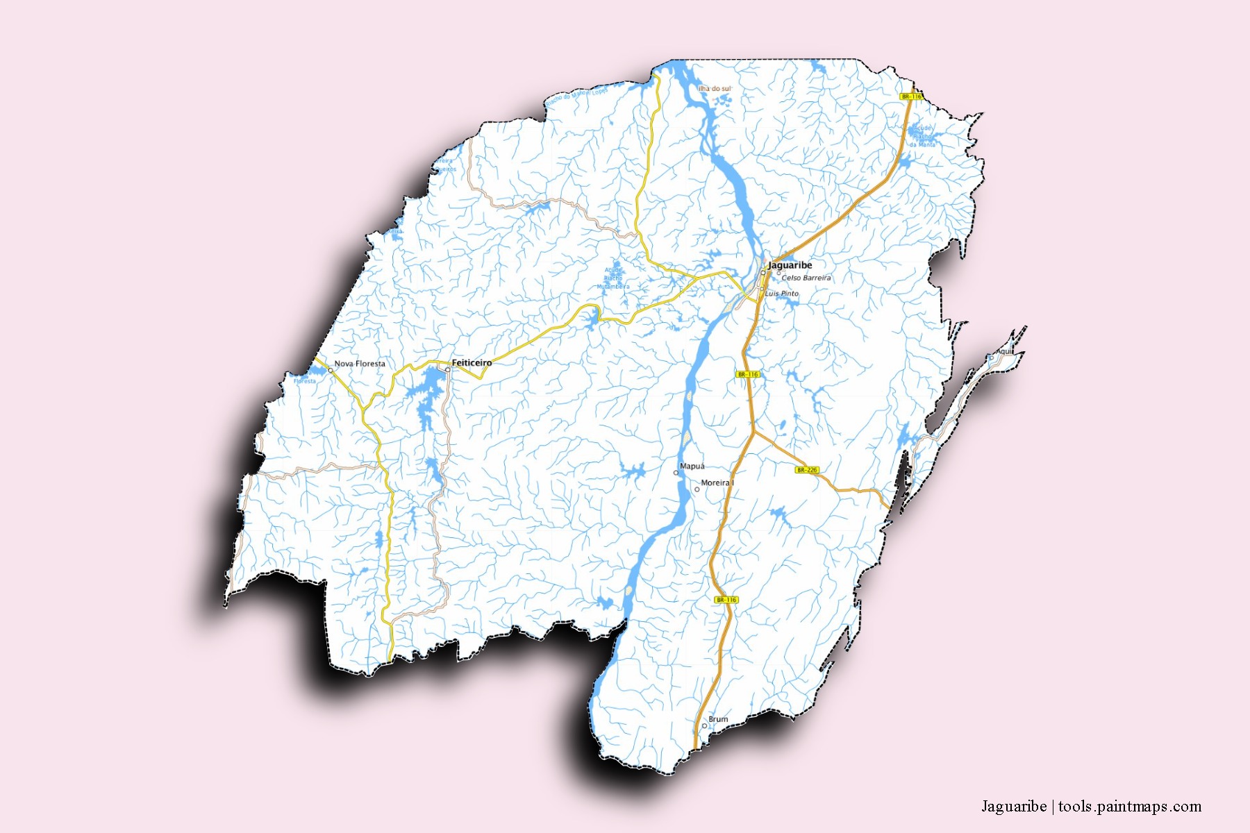 Mapa de barrios y pueblos de Jaguaribe con efecto de sombra 3D