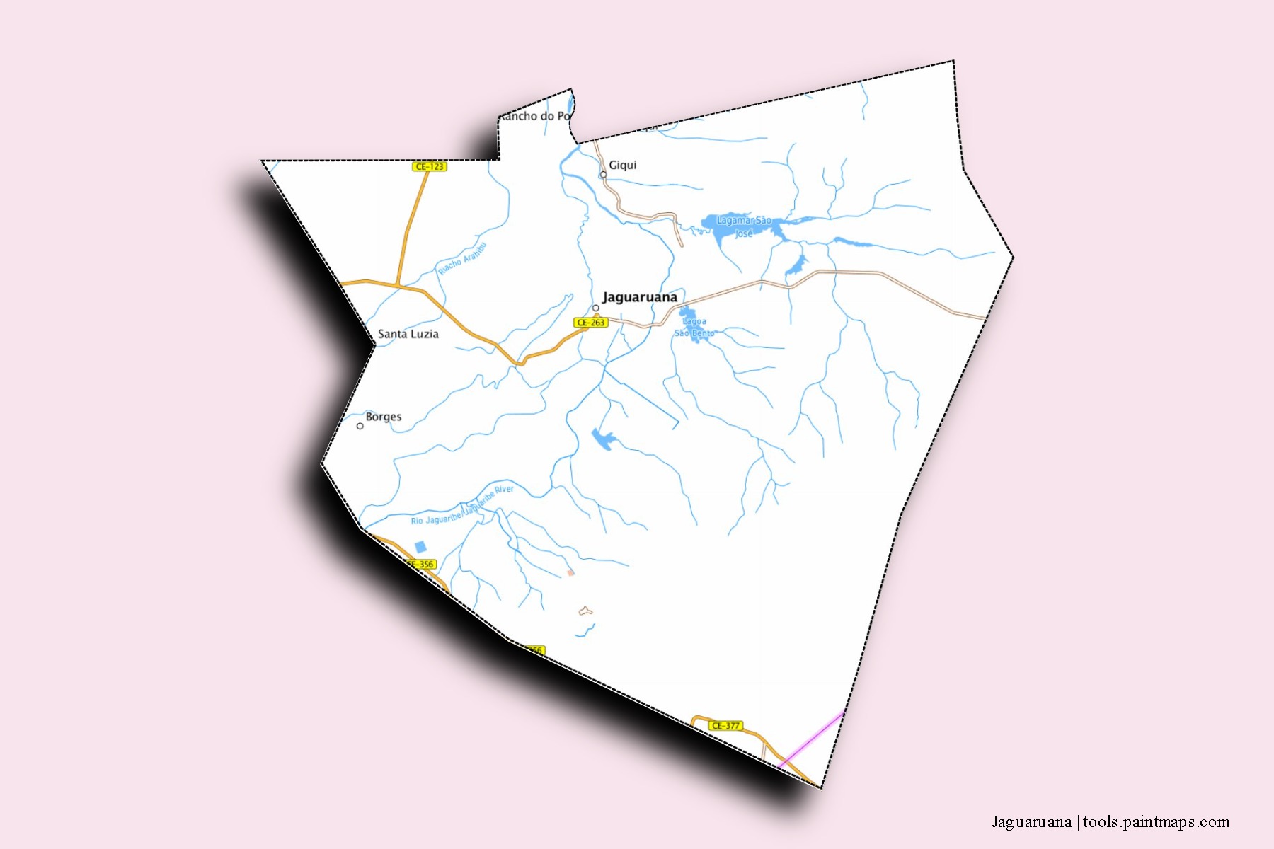 Mapa de barrios y pueblos de Jaguaruana con efecto de sombra 3D