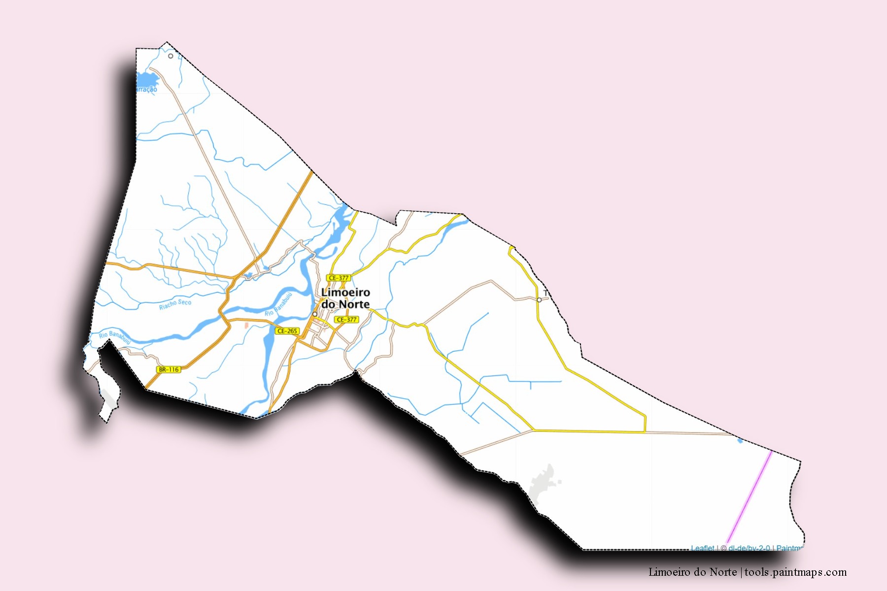 Mapa de barrios y pueblos de Limoeiro do Norte con efecto de sombra 3D