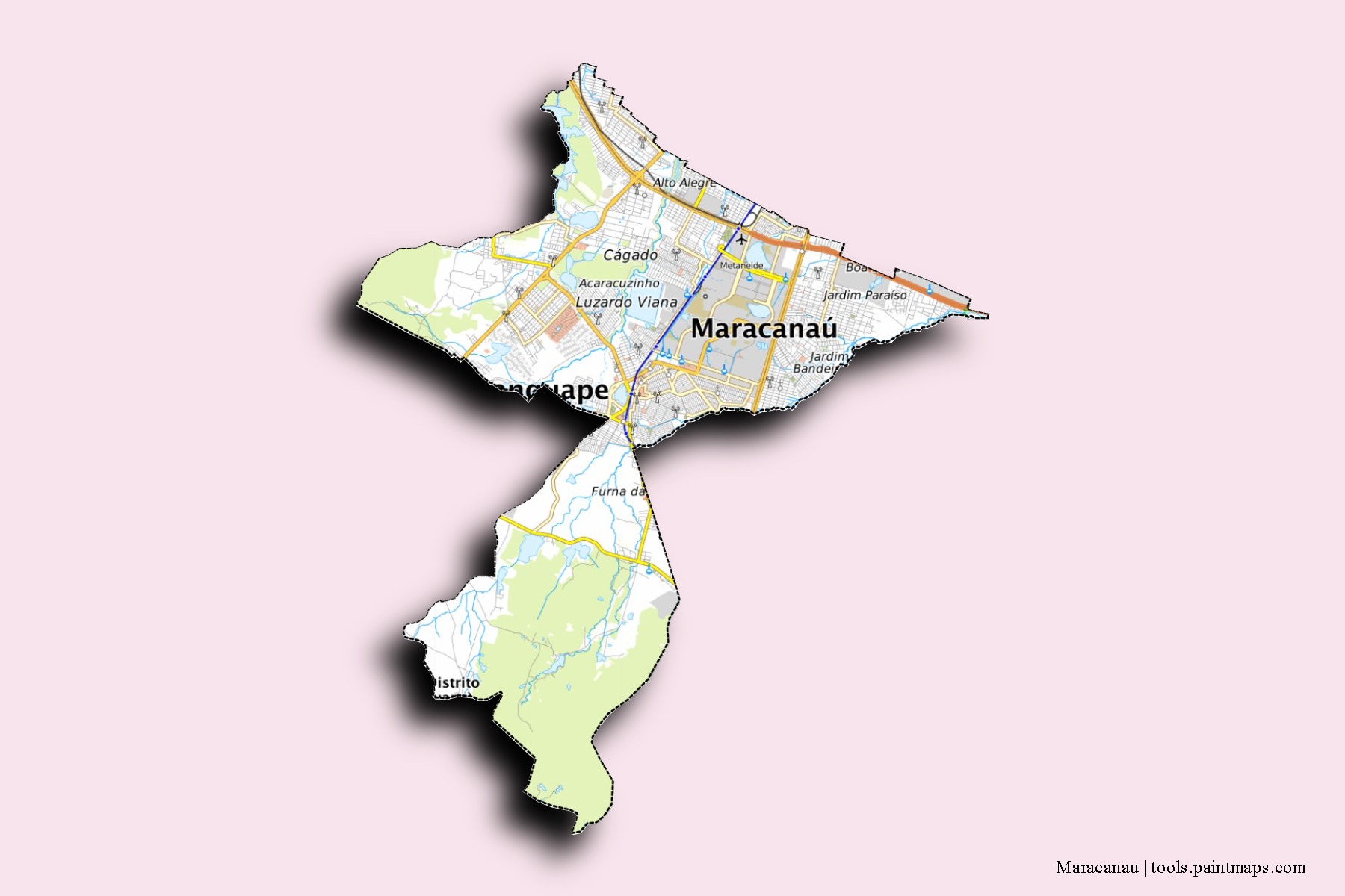 Mapa de barrios y pueblos de Maracanau con efecto de sombra 3D