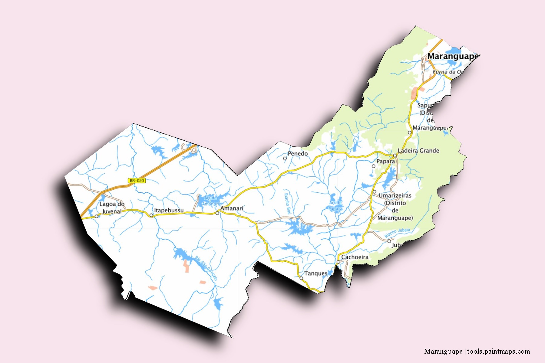 Mapa de barrios y pueblos de Maranguape con efecto de sombra 3D