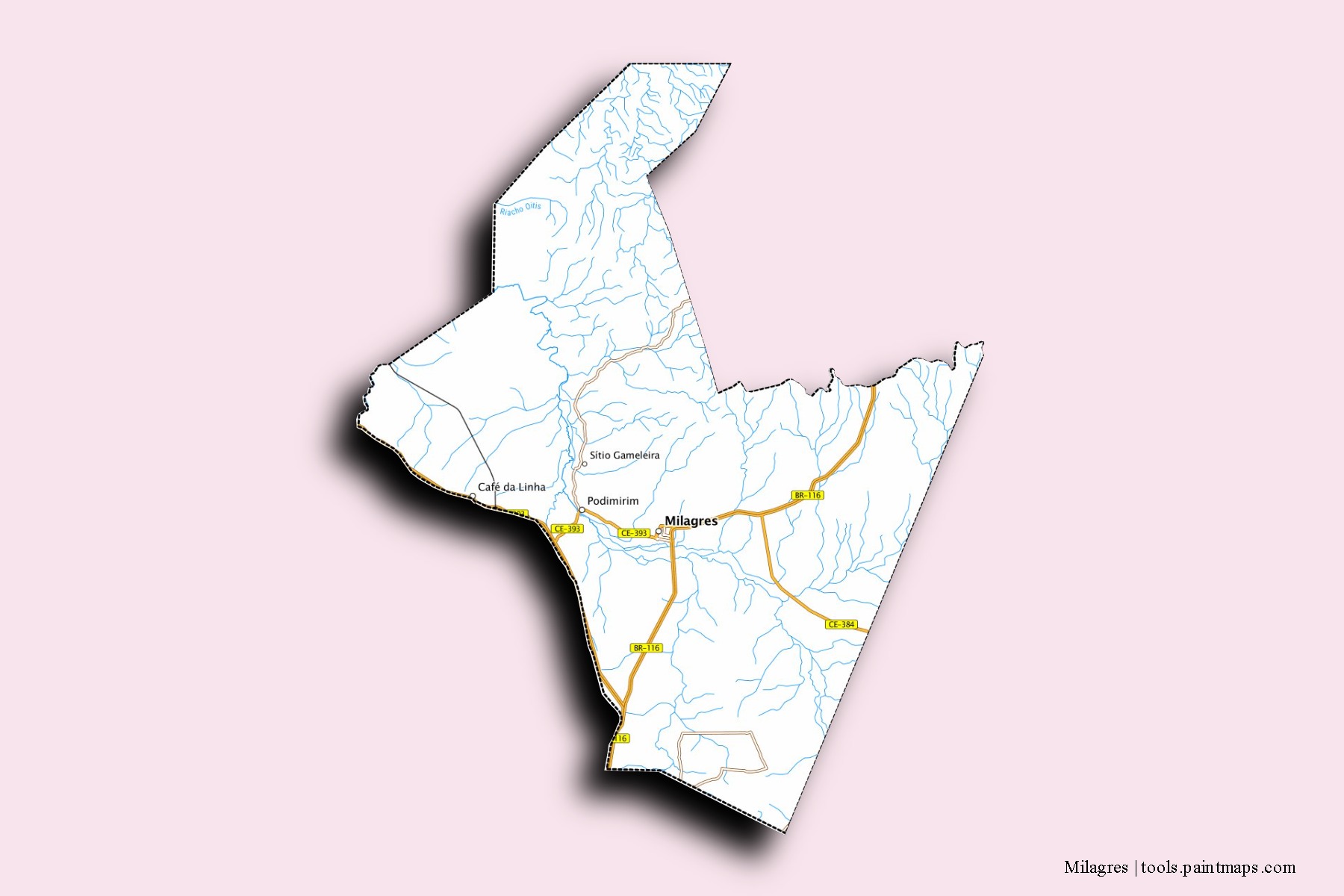 Milagres neighborhoods and villages map with 3D shadow effect