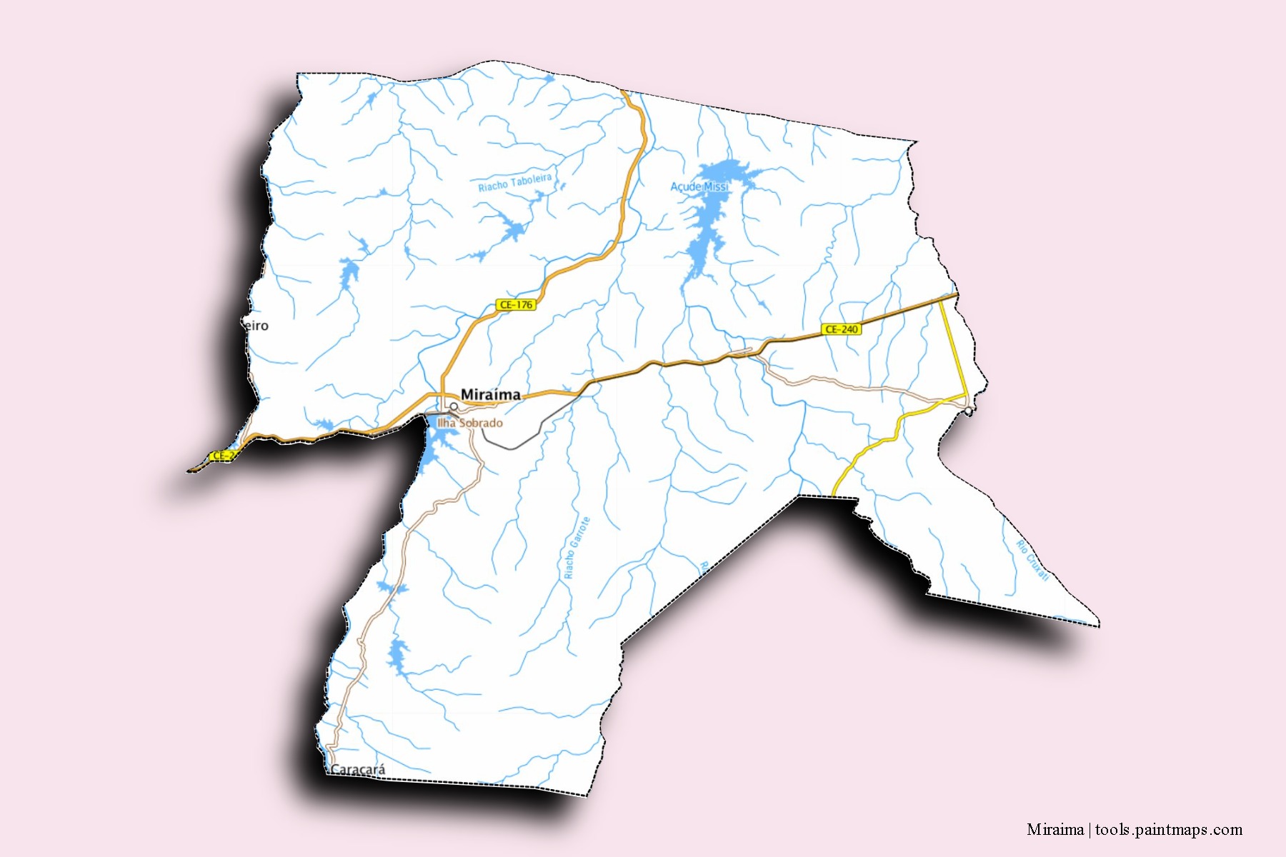 Mapa de barrios y pueblos de Miraima con efecto de sombra 3D