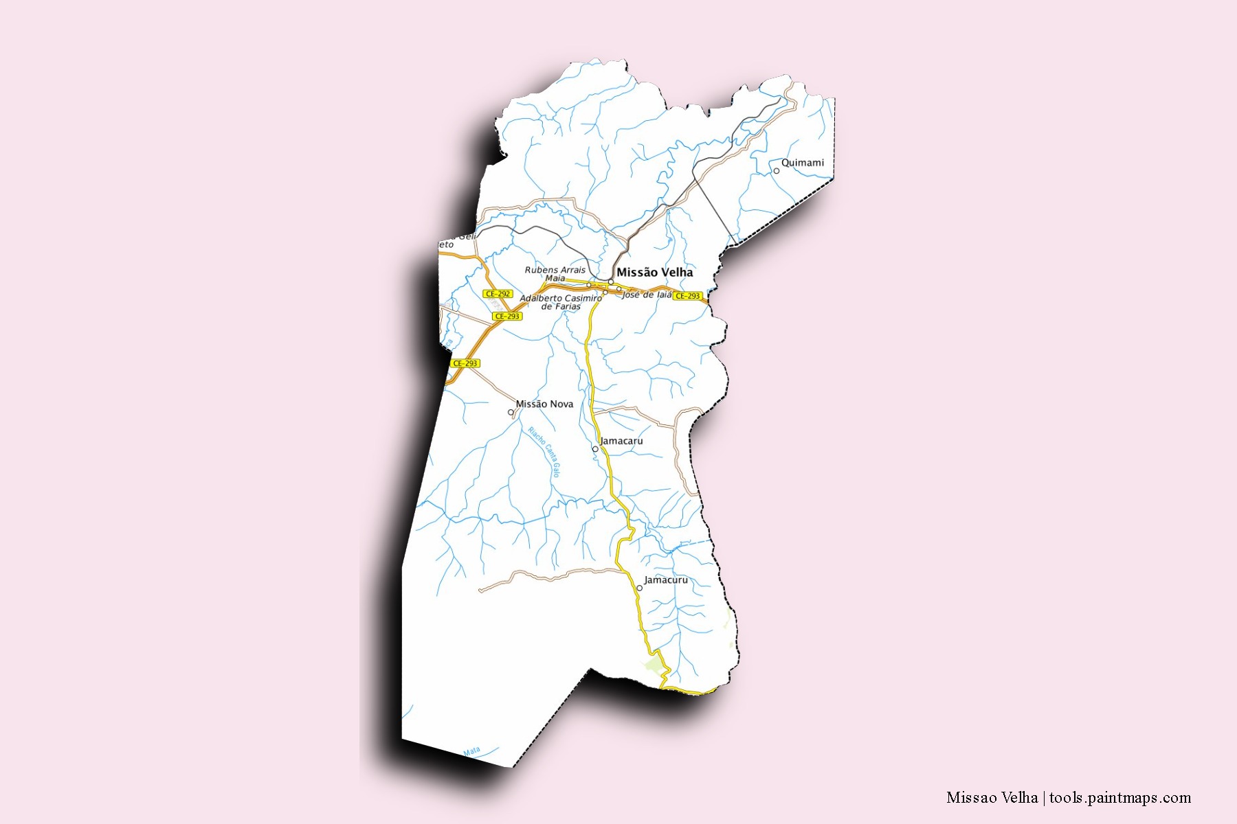 Mapa de barrios y pueblos de Missao Velha con efecto de sombra 3D