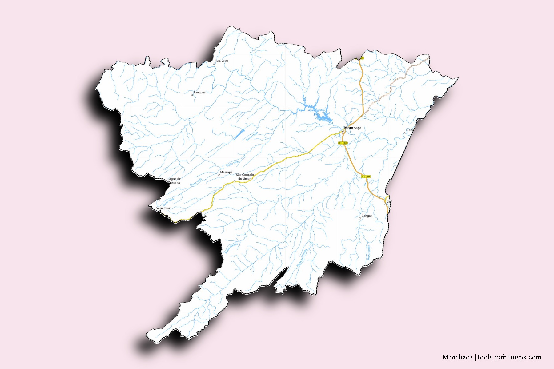 Mapa de barrios y pueblos de Mombaca con efecto de sombra 3D