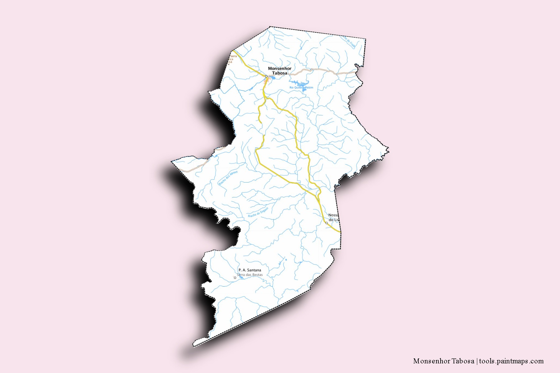 Mapa de barrios y pueblos de Monsenhor Tabosa con efecto de sombra 3D