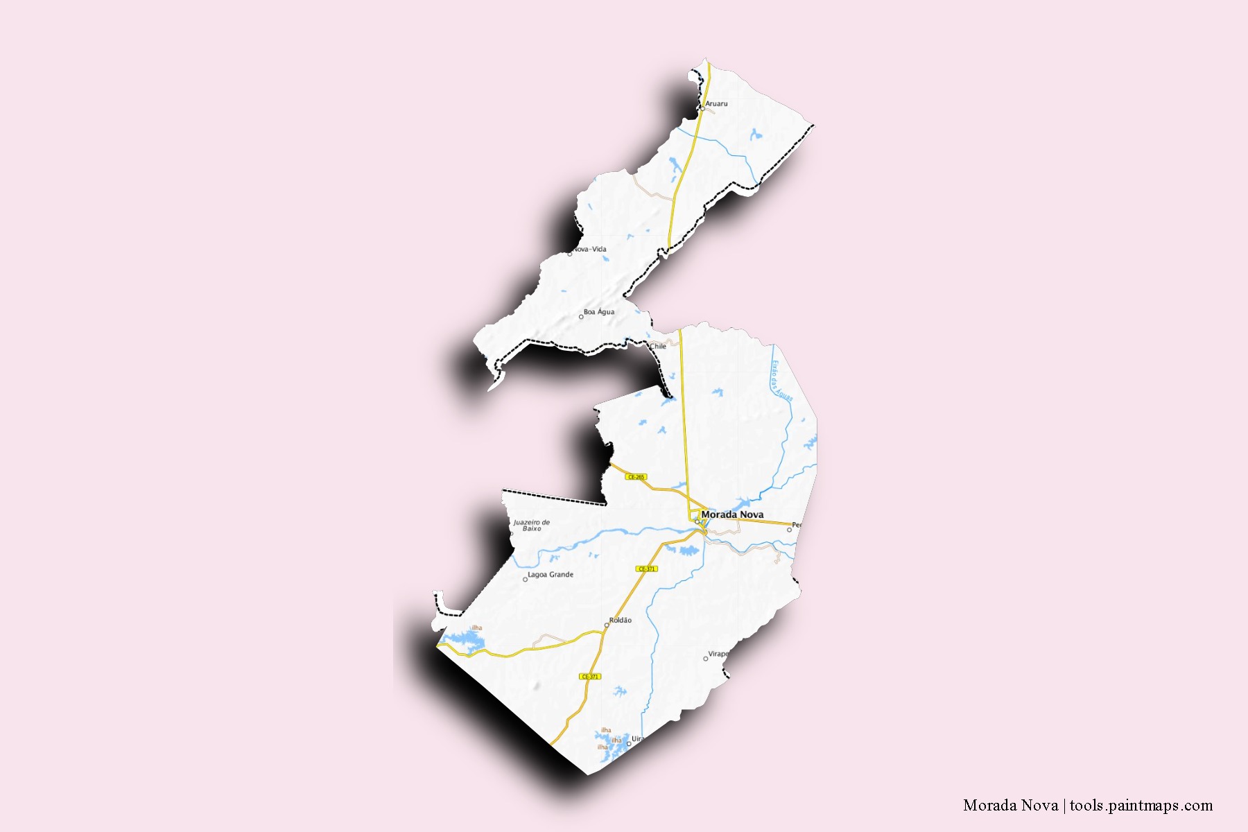 Mapa de barrios y pueblos de Morada Nova con efecto de sombra 3D