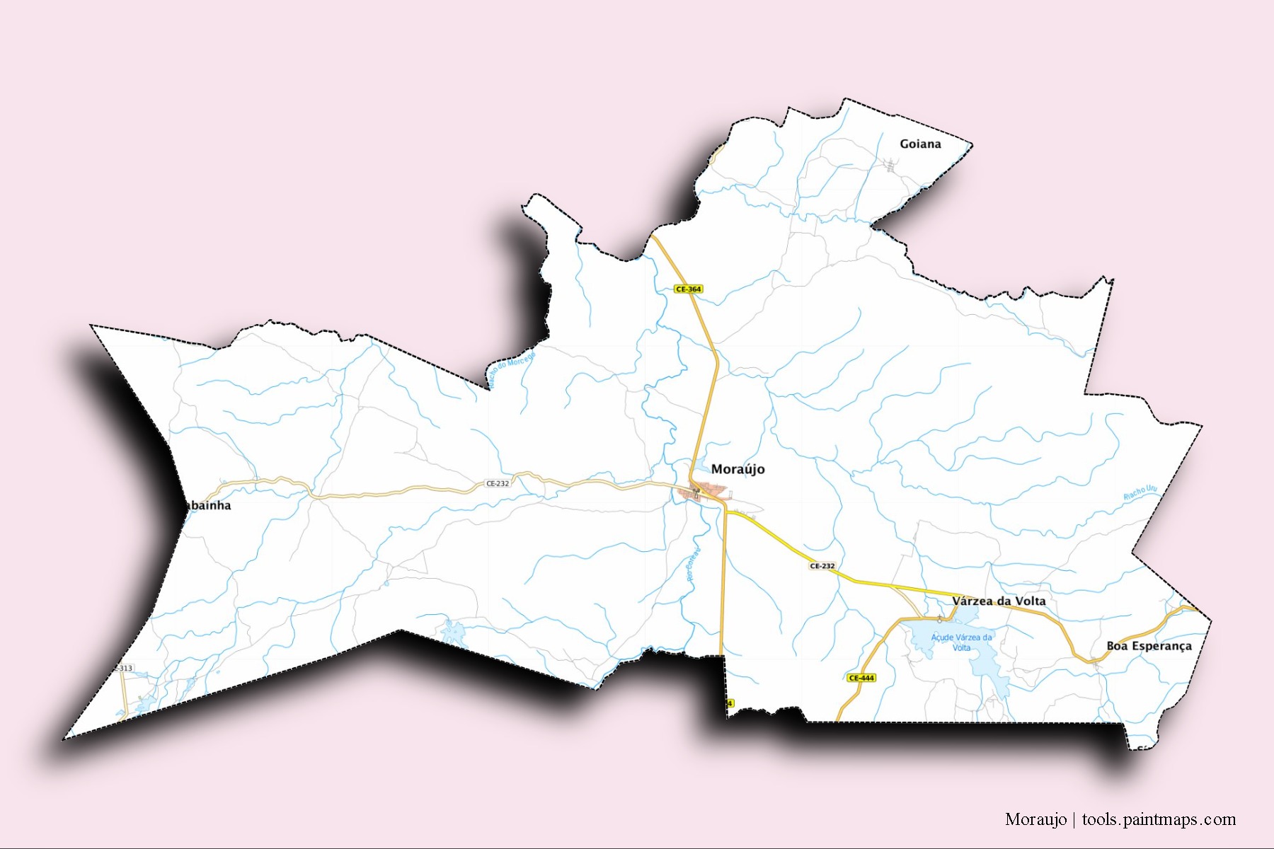 Mapa de barrios y pueblos de Moraujo con efecto de sombra 3D