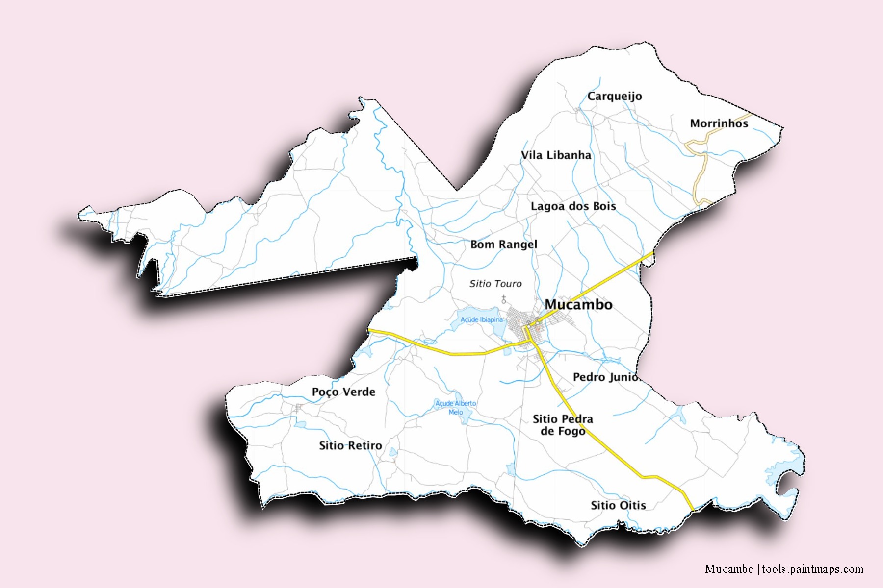 Mapa de barrios y pueblos de Mucambo con efecto de sombra 3D