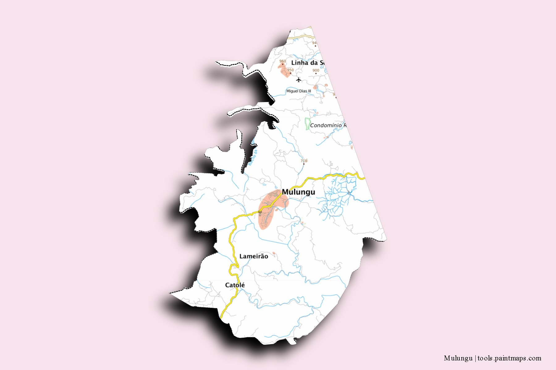 Mulungu neighborhoods and villages map with 3D shadow effect