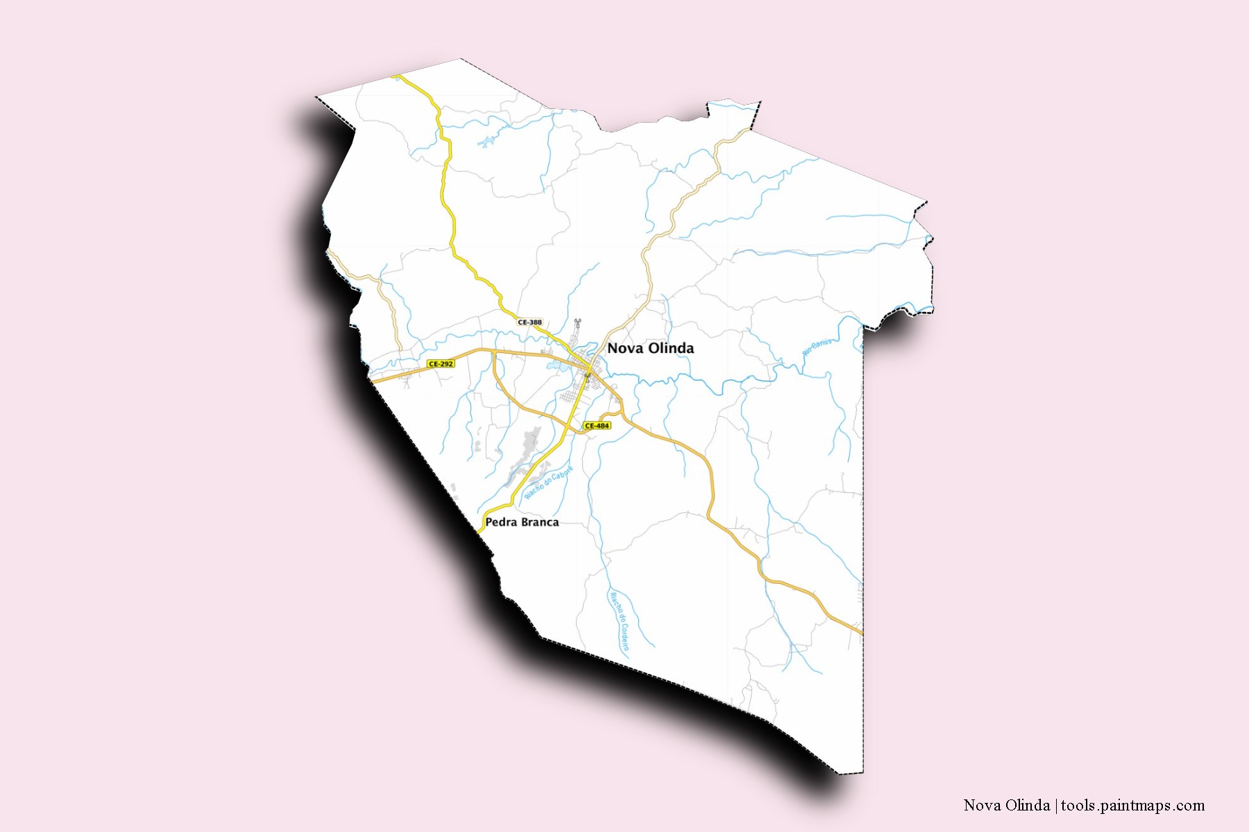 Mapa de barrios y pueblos de Nova Olinda con efecto de sombra 3D