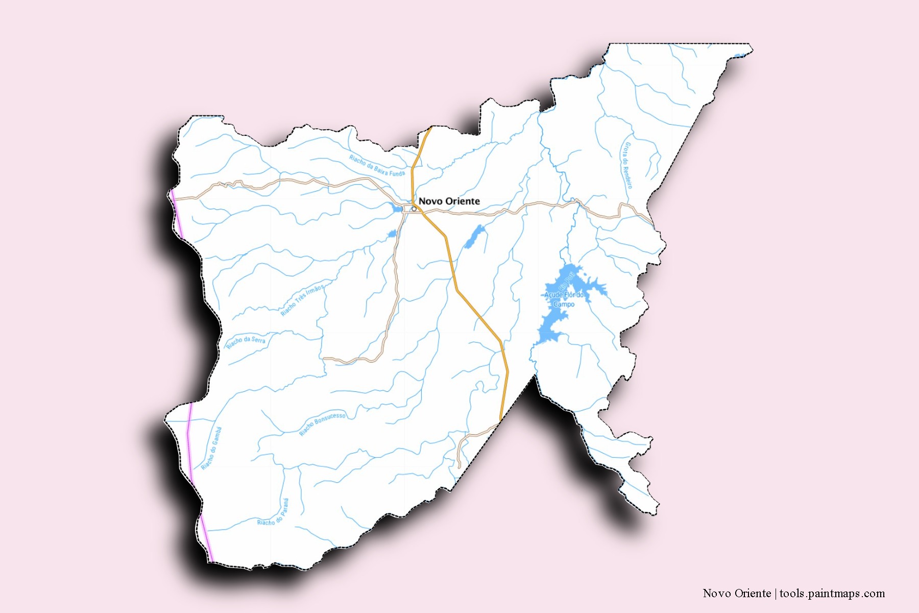 Novo Oriente neighborhoods and villages map with 3D shadow effect