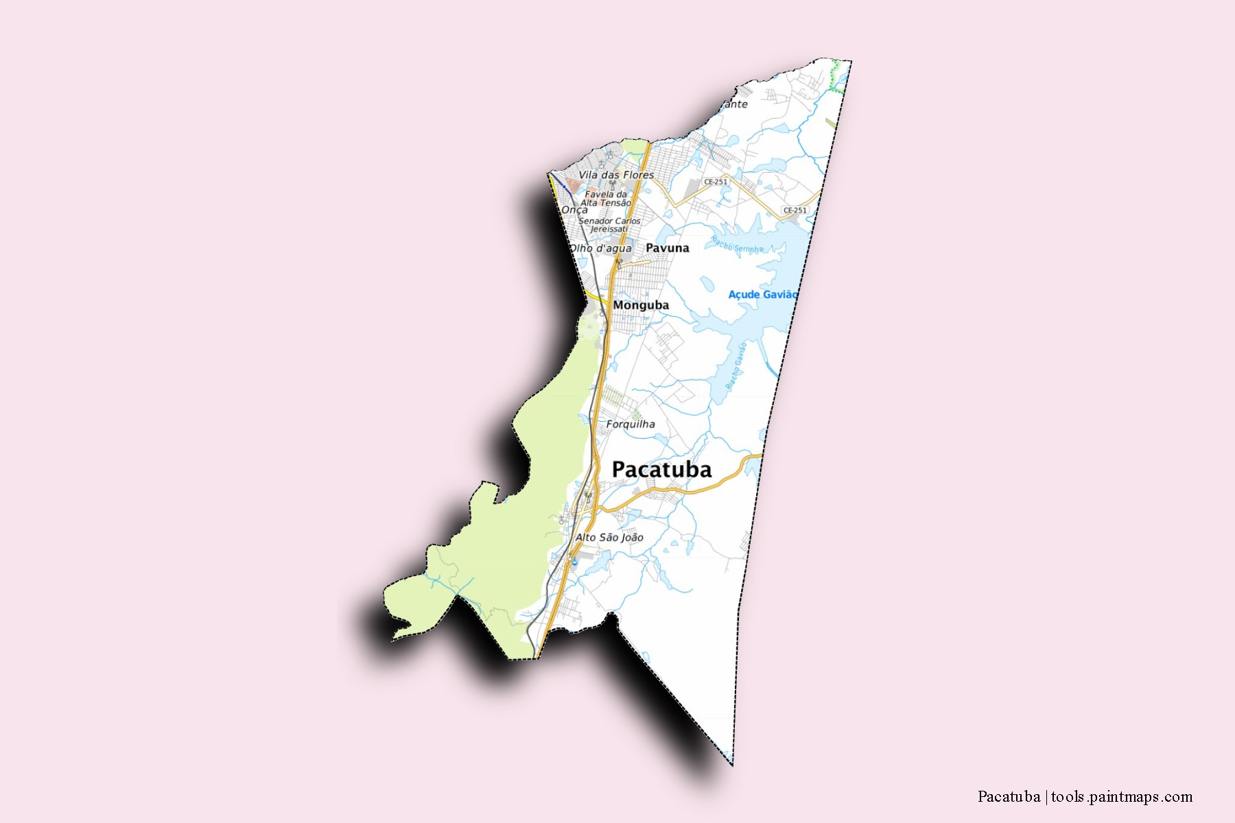 Mapa de barrios y pueblos de Pacatuba con efecto de sombra 3D