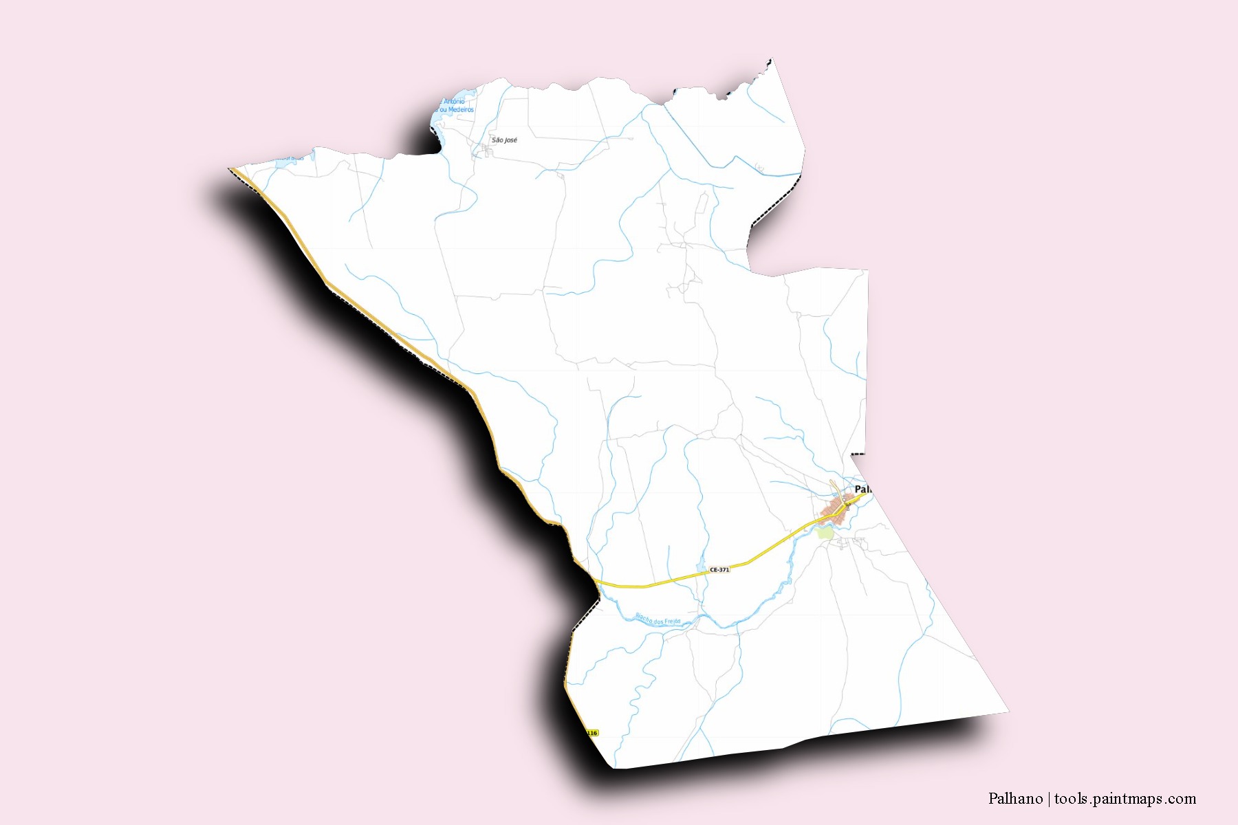 Mapa de barrios y pueblos de Palhano con efecto de sombra 3D