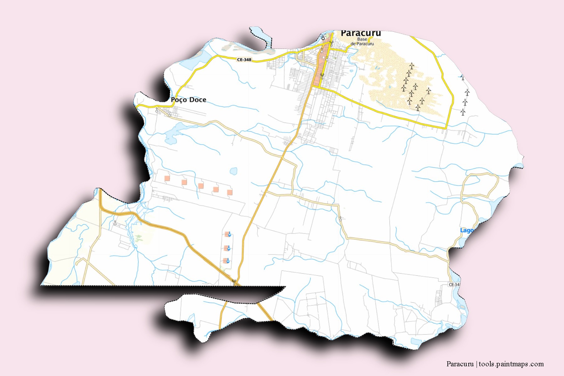 Mapa de barrios y pueblos de Paracuru con efecto de sombra 3D