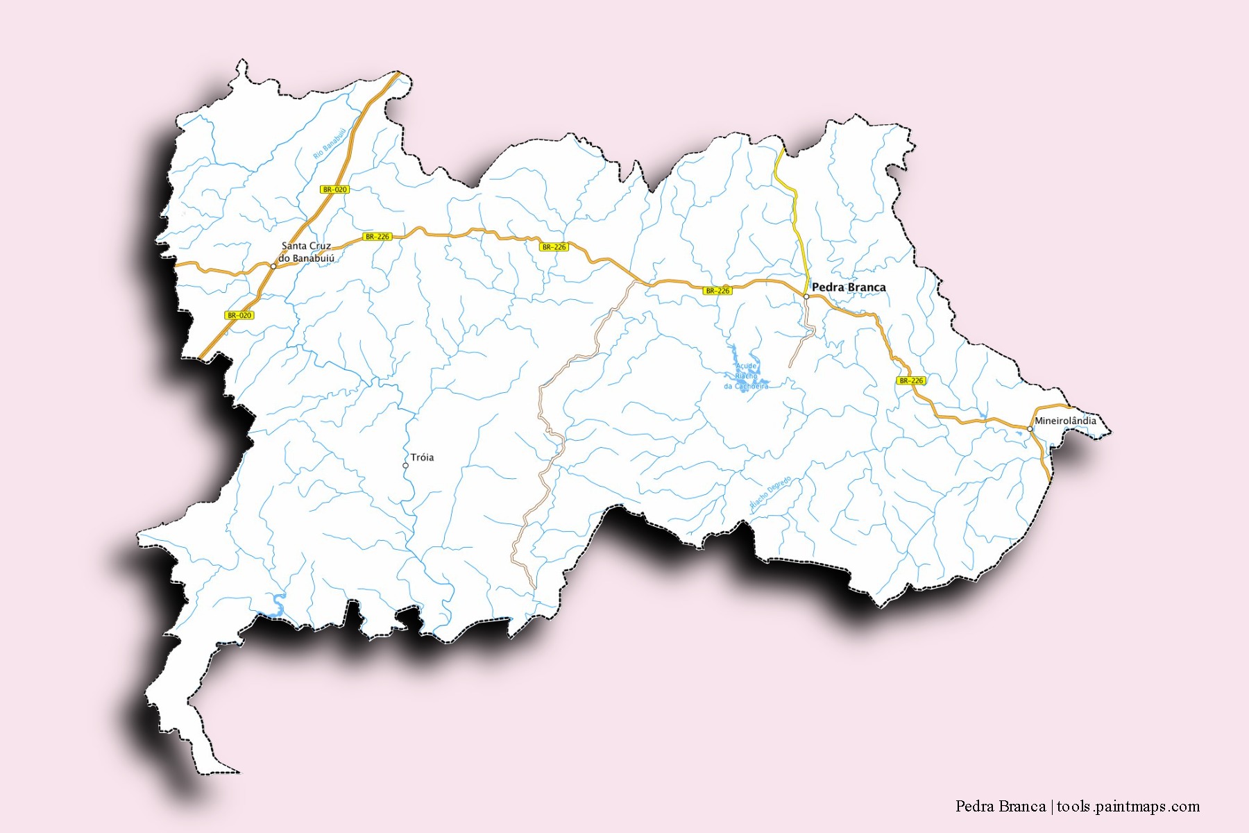 Mapa de barrios y pueblos de Pedra Branca con efecto de sombra 3D