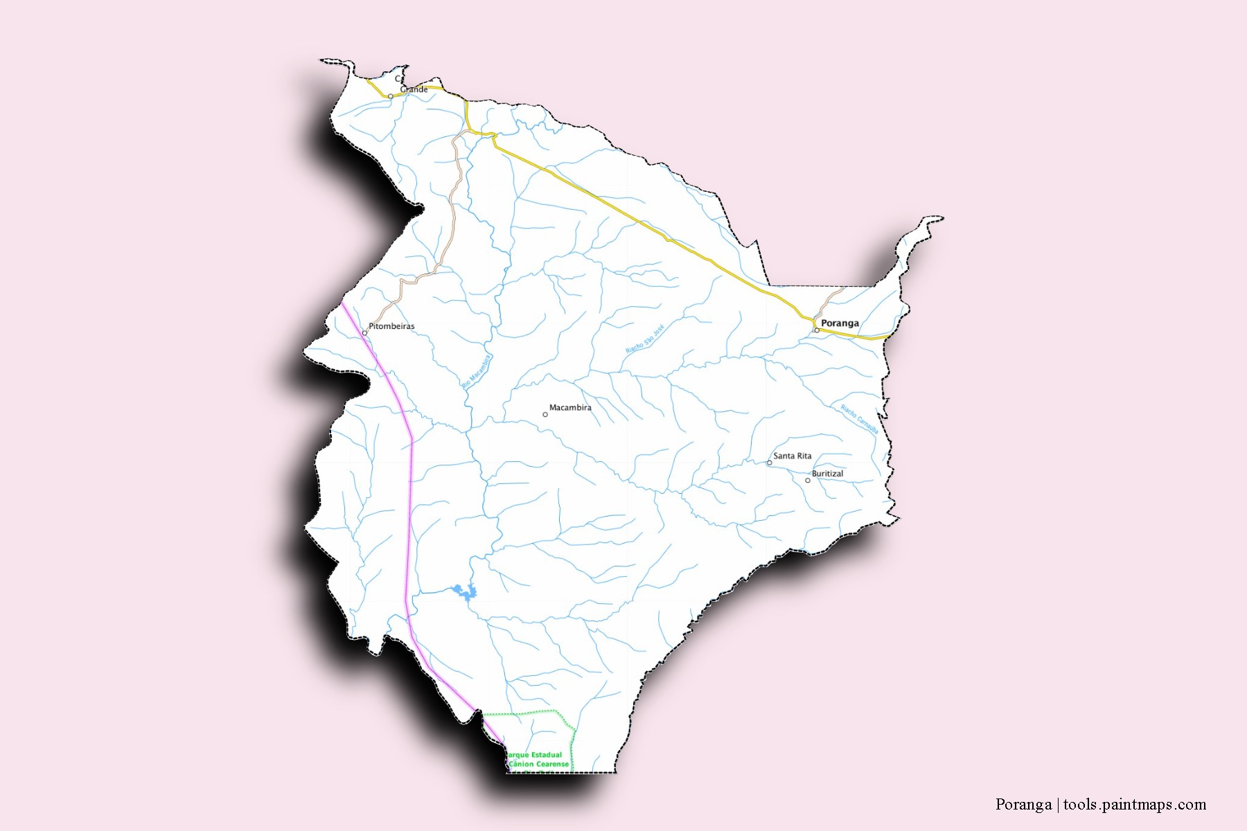 Mapa de barrios y pueblos de Poranga con efecto de sombra 3D