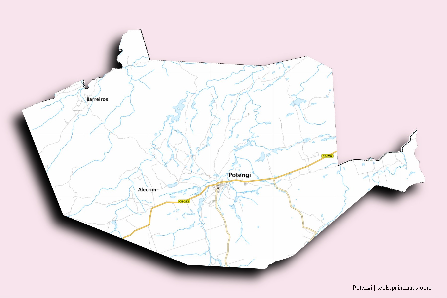 Mapa de barrios y pueblos de Potengi con efecto de sombra 3D