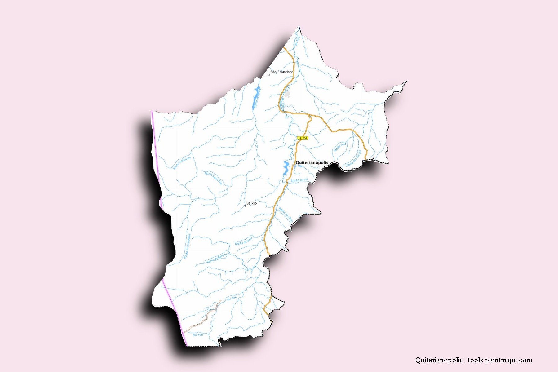 Mapa de barrios y pueblos de Quiterianopolis con efecto de sombra 3D