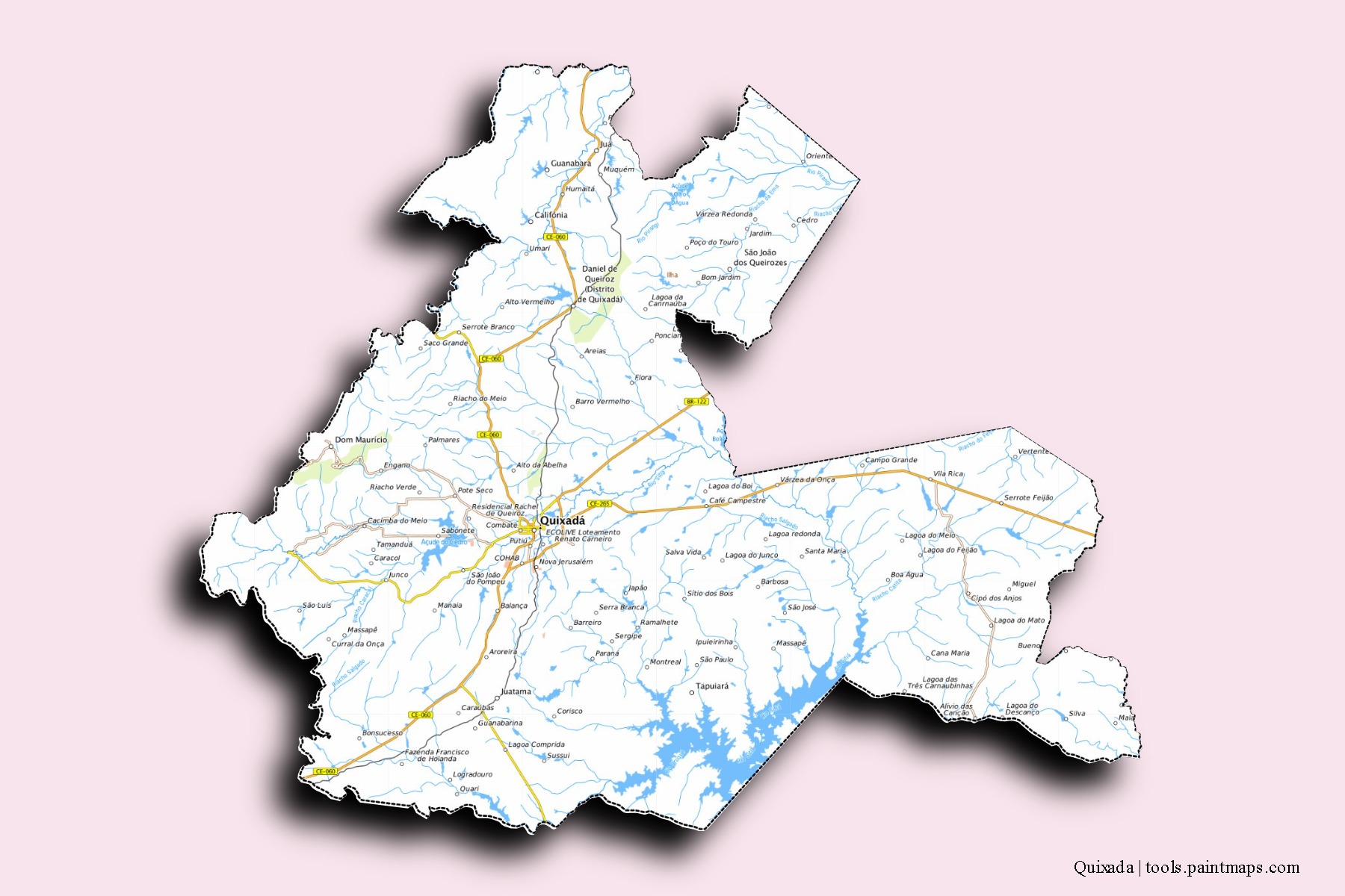 Mapa de barrios y pueblos de Quixada con efecto de sombra 3D