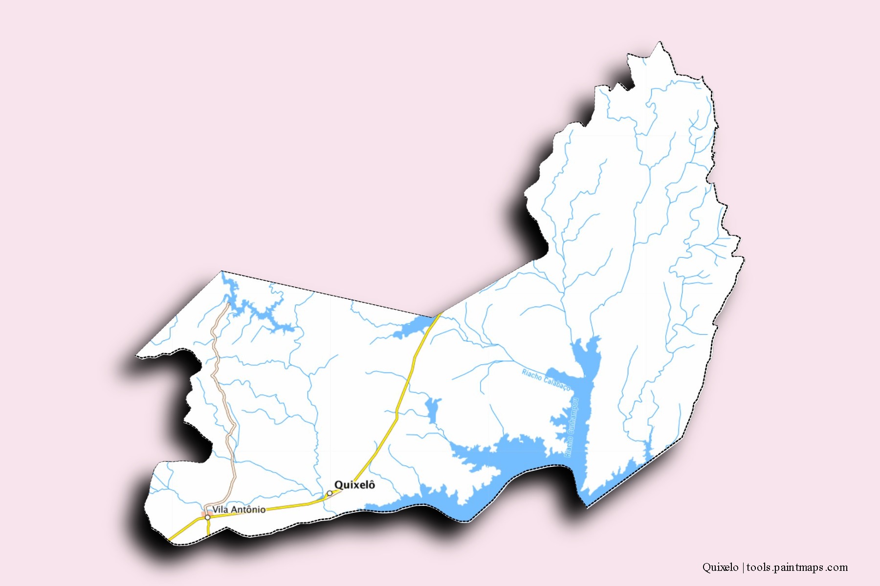 Mapa de barrios y pueblos de Quixelo con efecto de sombra 3D