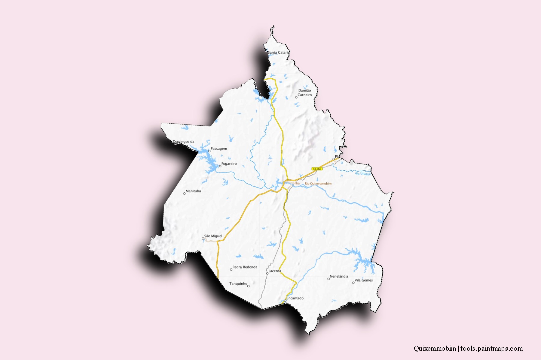 Mapa de barrios y pueblos de Quixeramobim con efecto de sombra 3D