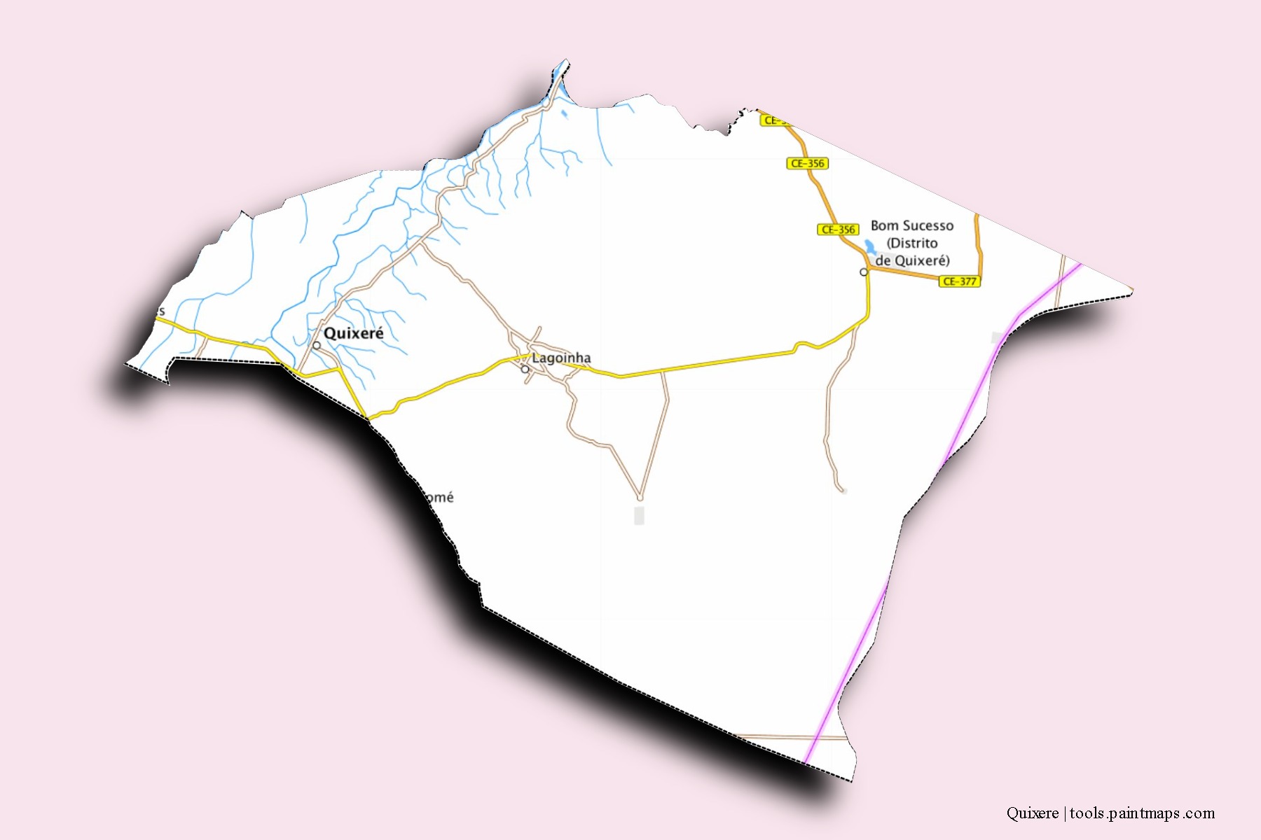 Mapa de barrios y pueblos de Quixere con efecto de sombra 3D