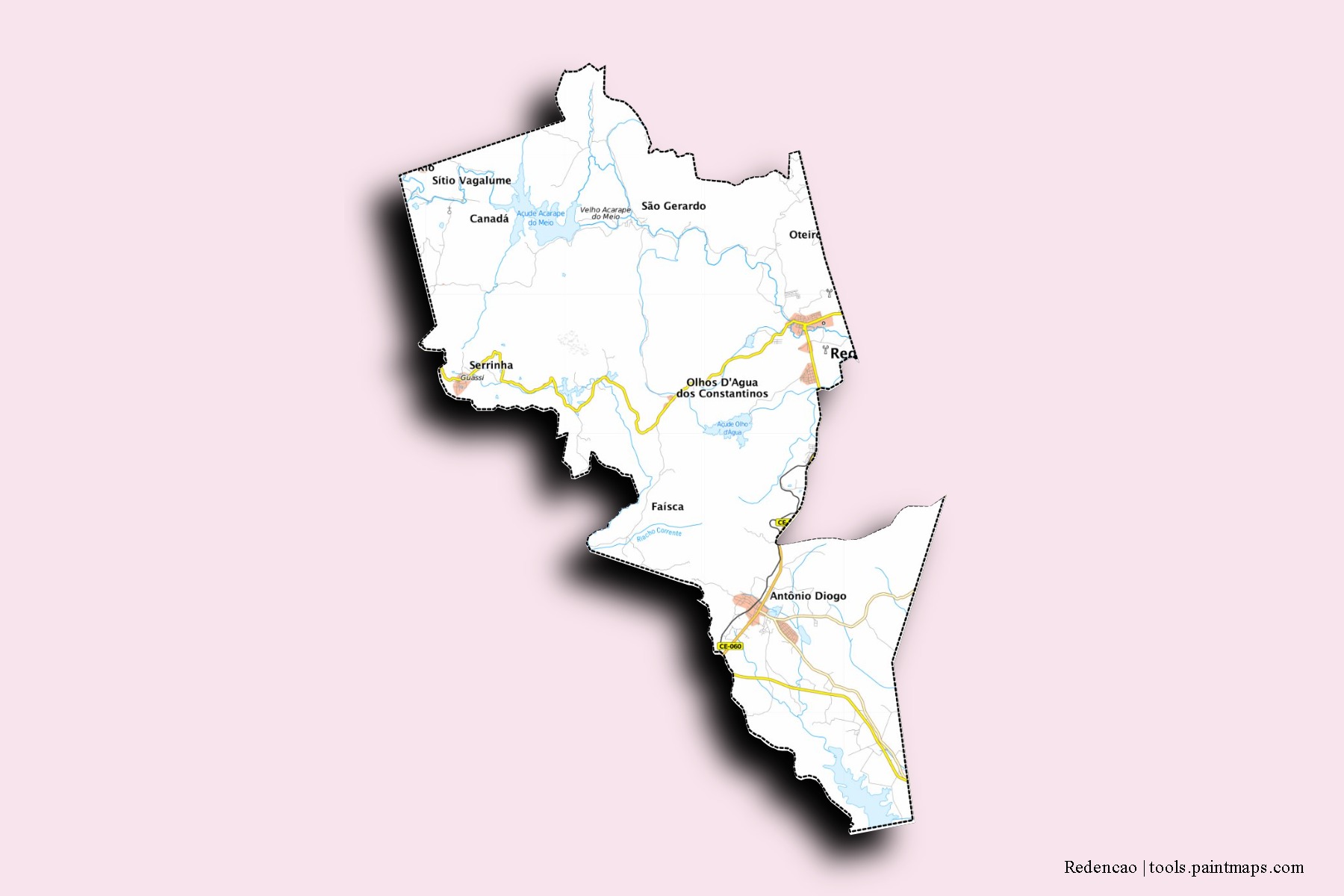 Mapa de barrios y pueblos de Redencao con efecto de sombra 3D