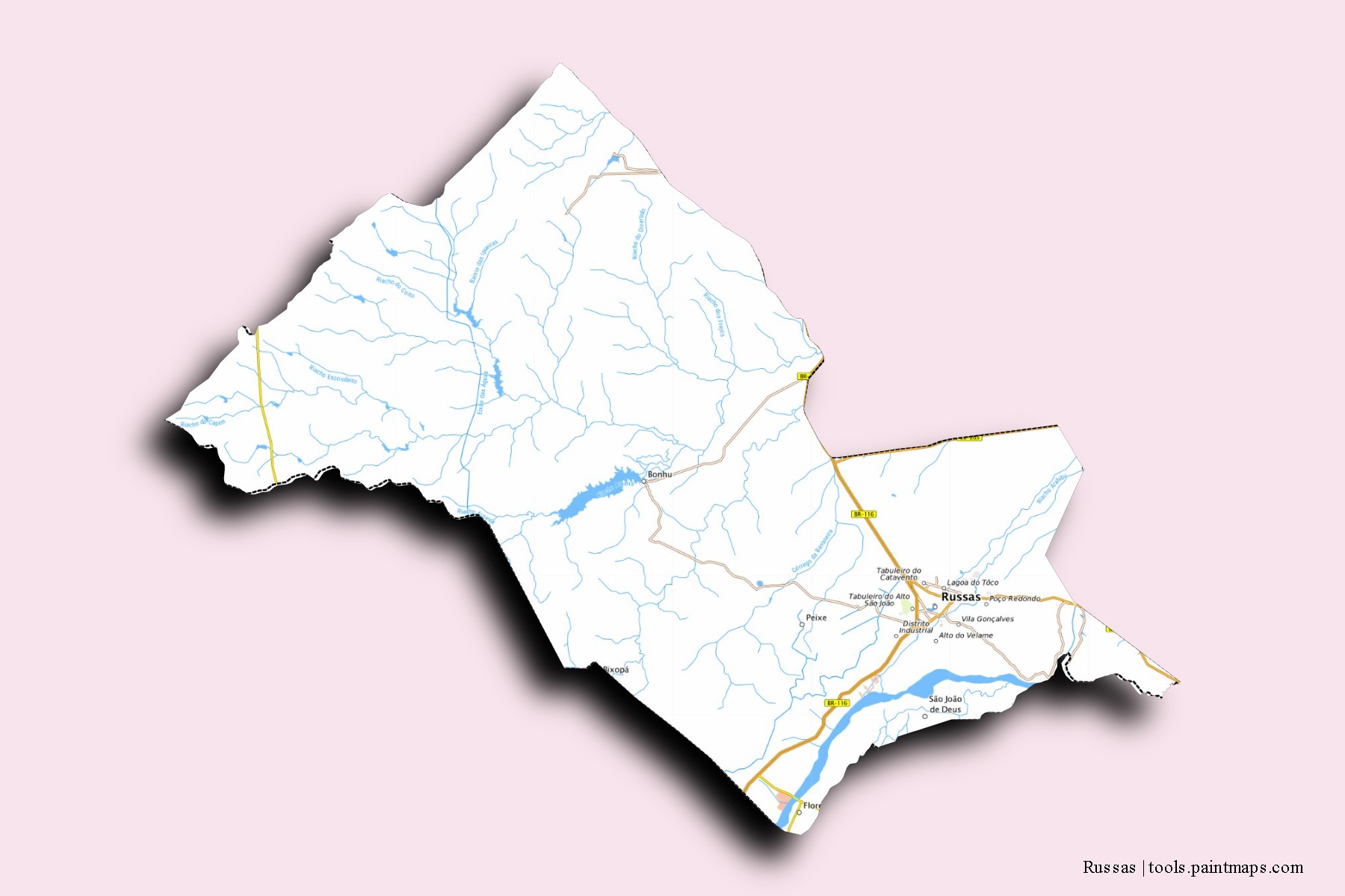 Mapa de barrios y pueblos de Russas con efecto de sombra 3D