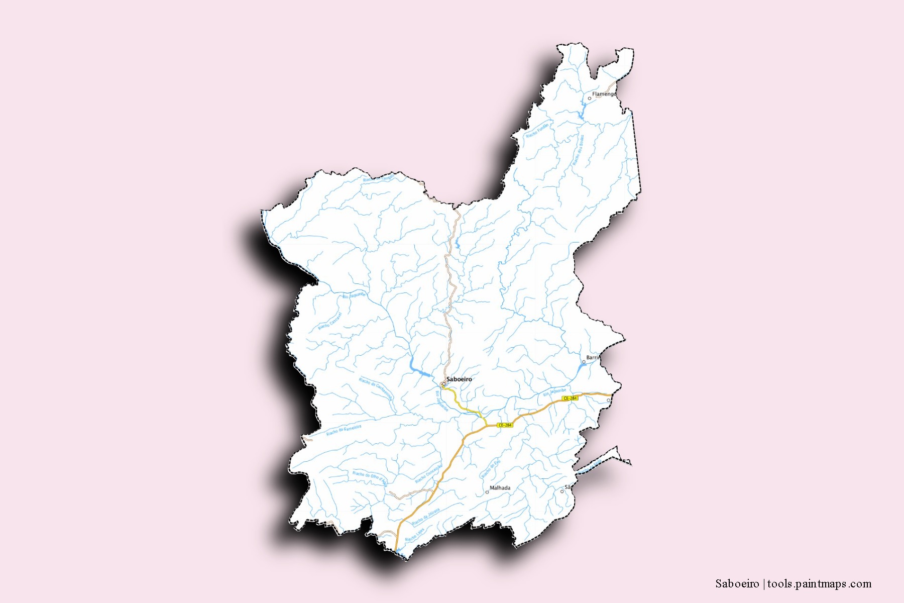 Mapa de barrios y pueblos de Saboeiro con efecto de sombra 3D