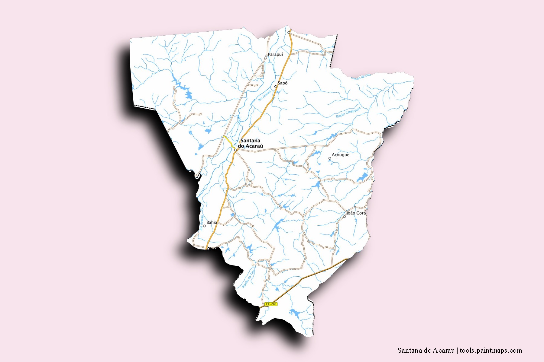 Mapa de barrios y pueblos de Santana do Acarau con efecto de sombra 3D