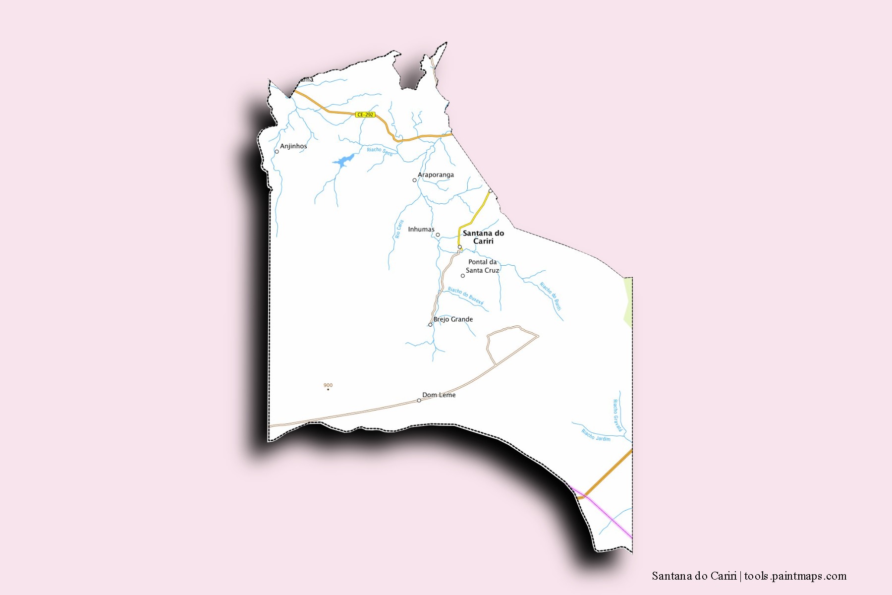 Mapa de barrios y pueblos de Santana do Cariri con efecto de sombra 3D