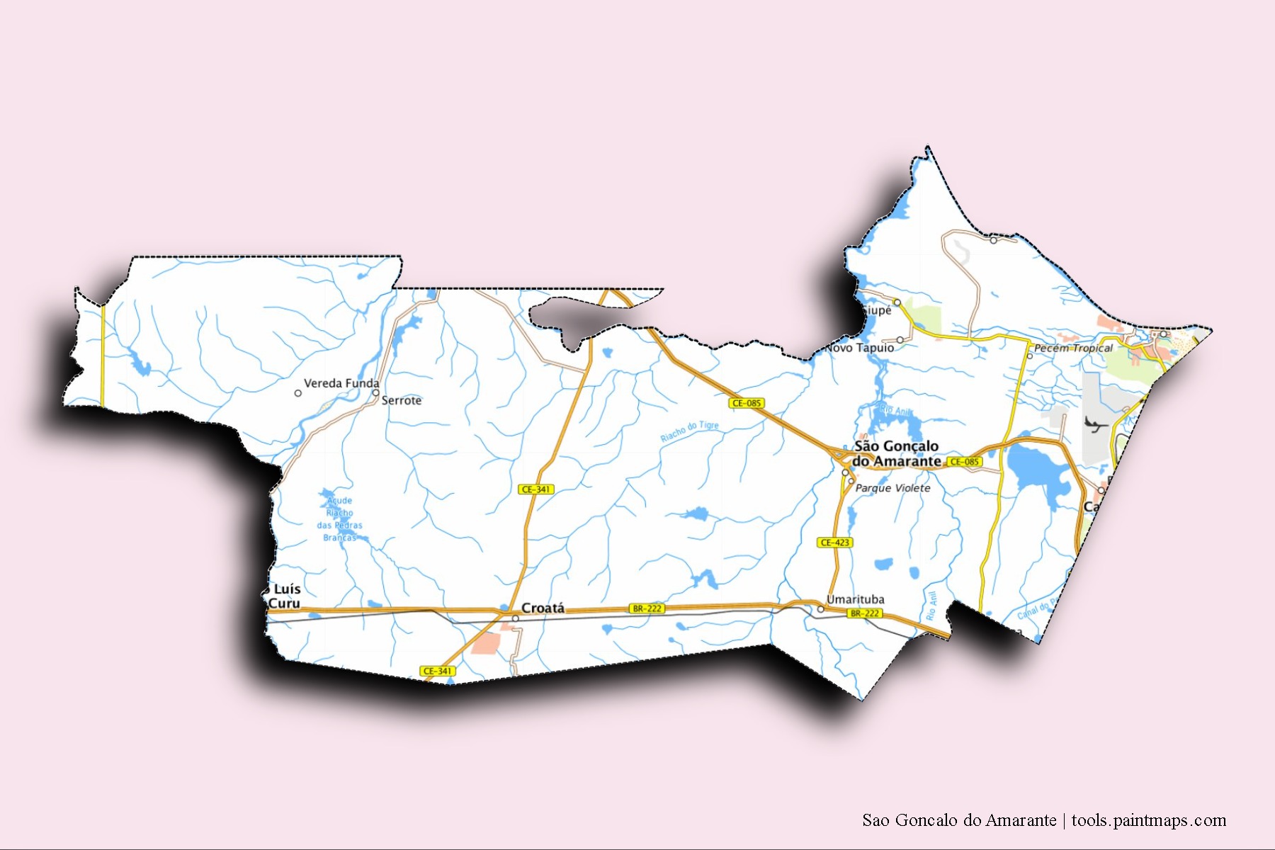 Mapa de barrios y pueblos de Sao Goncalo do Amarante con efecto de sombra 3D