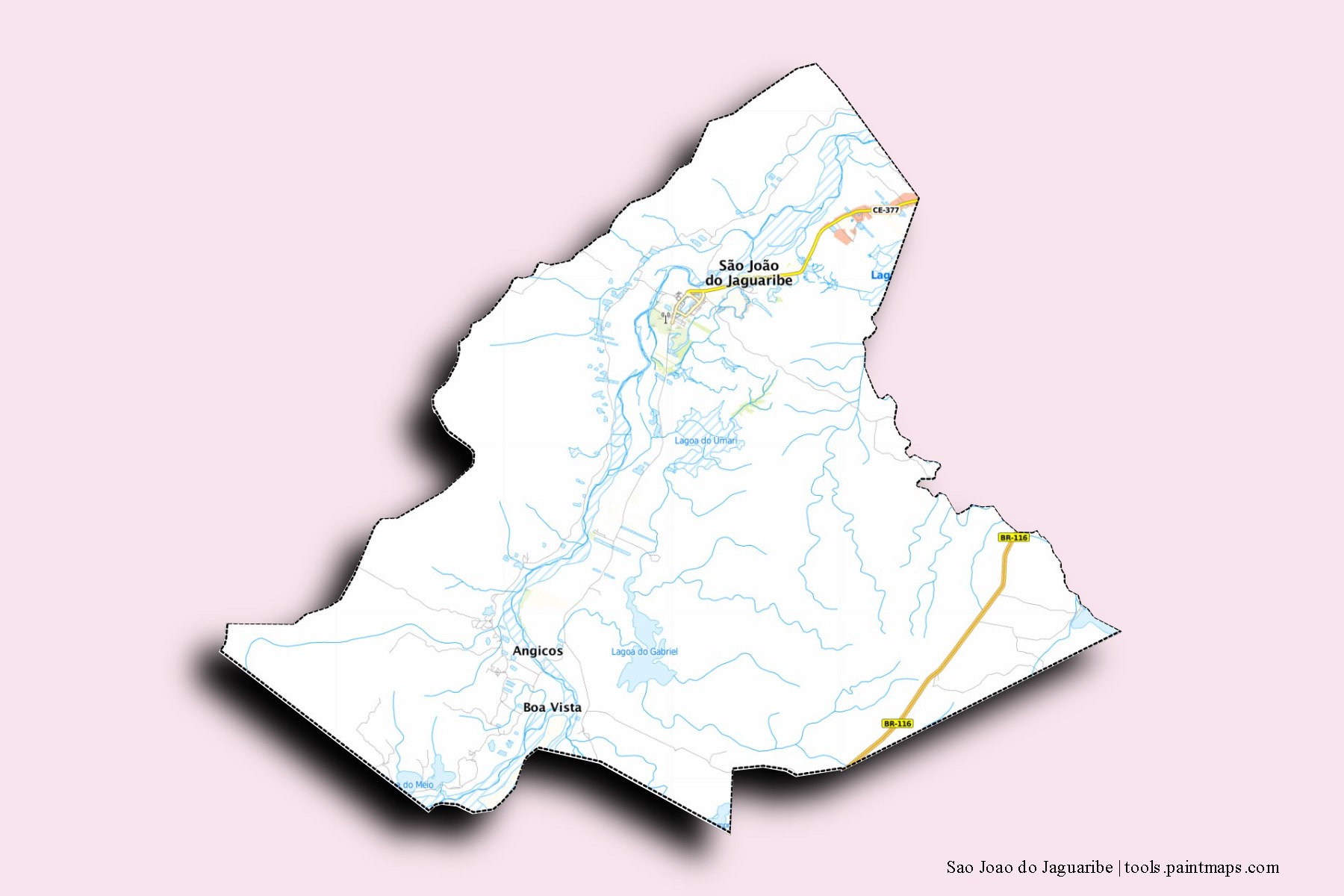 Sao Joao do Jaguaribe neighborhoods and villages map with 3D shadow effect