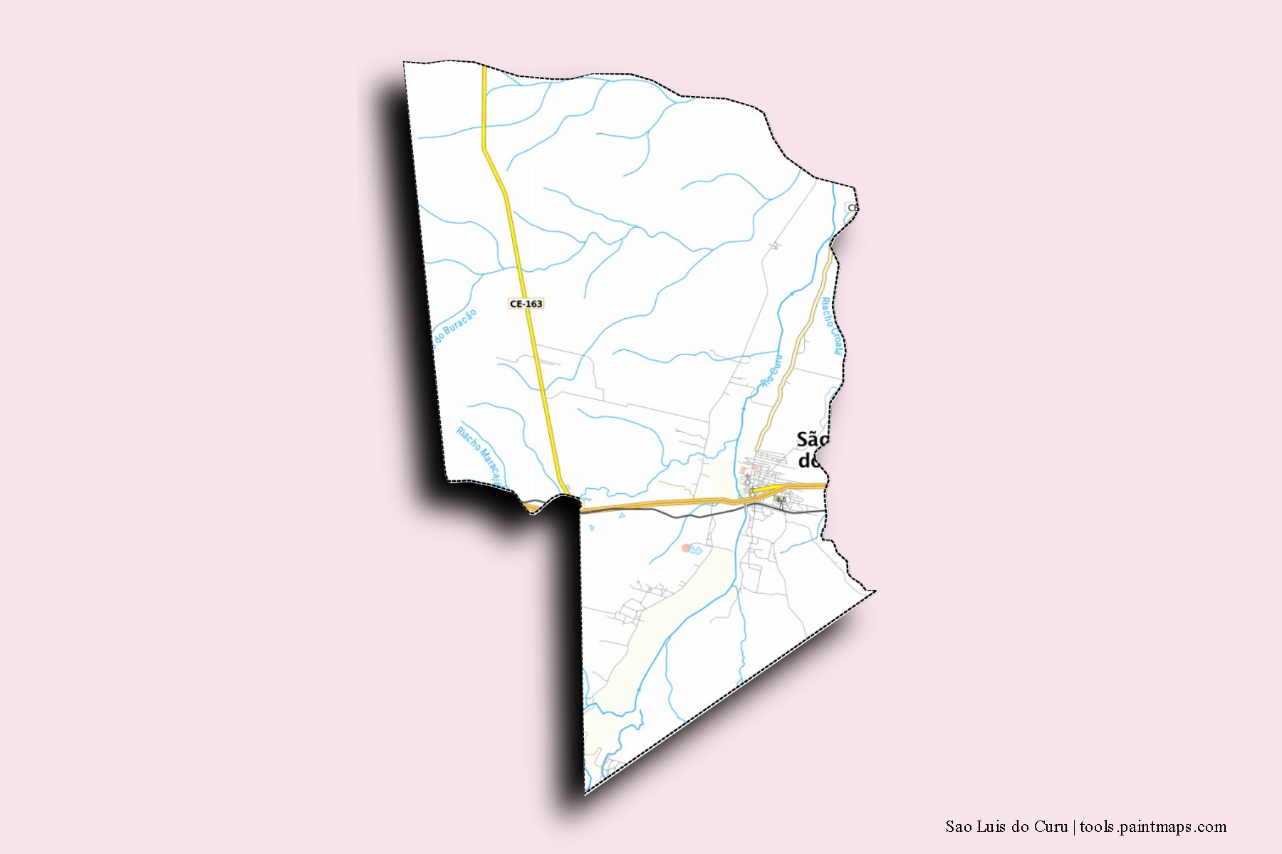 Mapa de barrios y pueblos de Sao Luis do Curu con efecto de sombra 3D