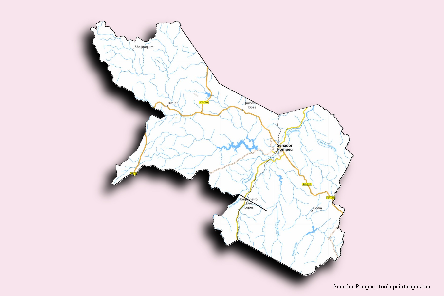 Mapa de barrios y pueblos de Senador Pompeu con efecto de sombra 3D