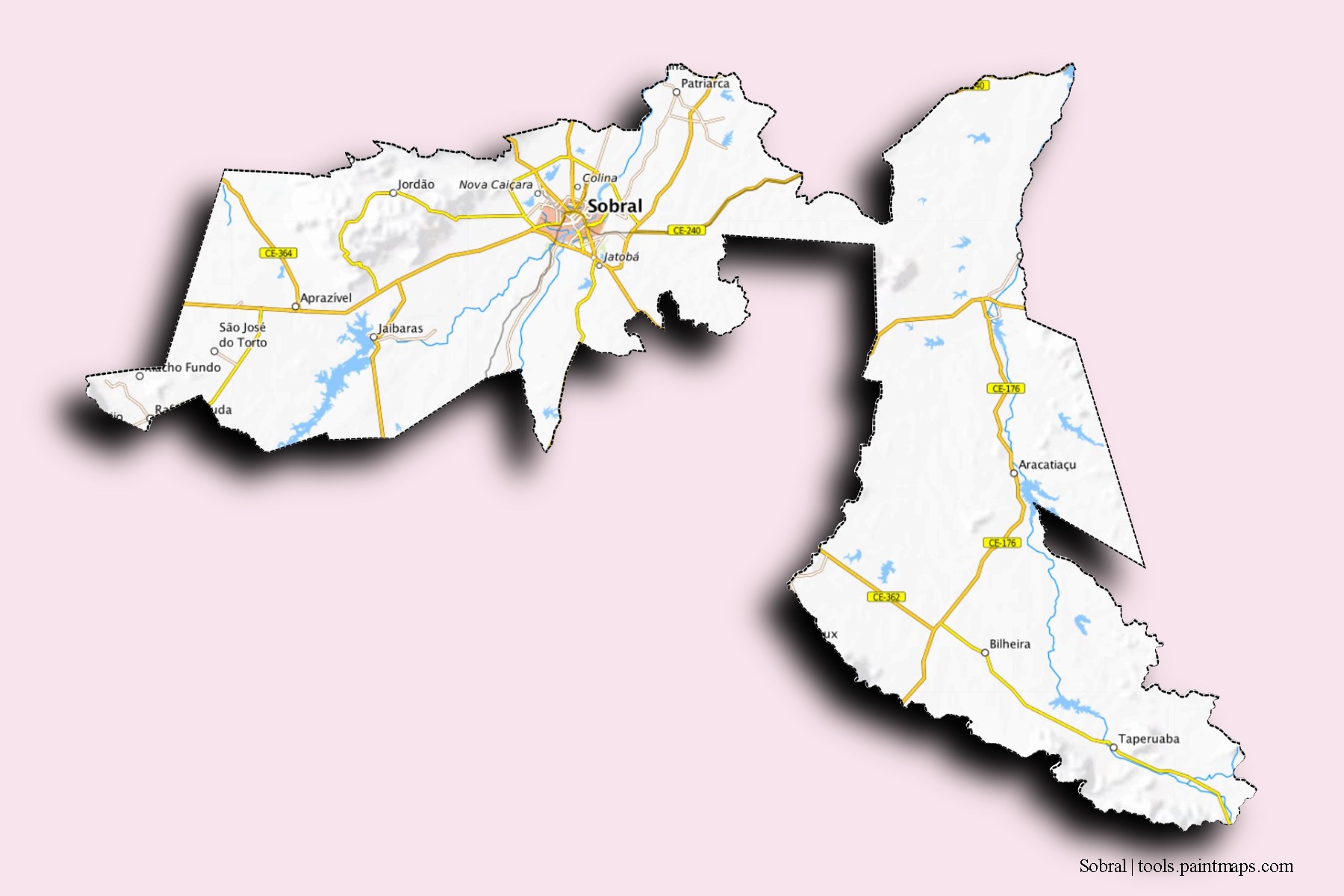 Sobral neighborhoods and villages map with 3D shadow effect