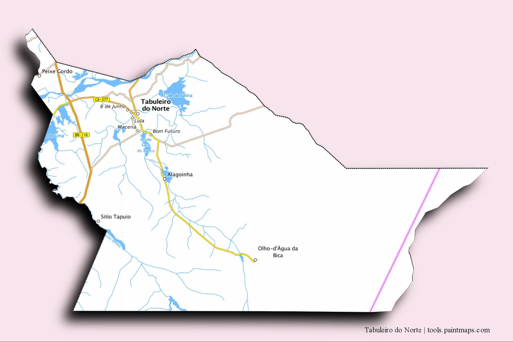 Mapa de barrios y pueblos de Tabuleiro do Norte con efecto de sombra 3D