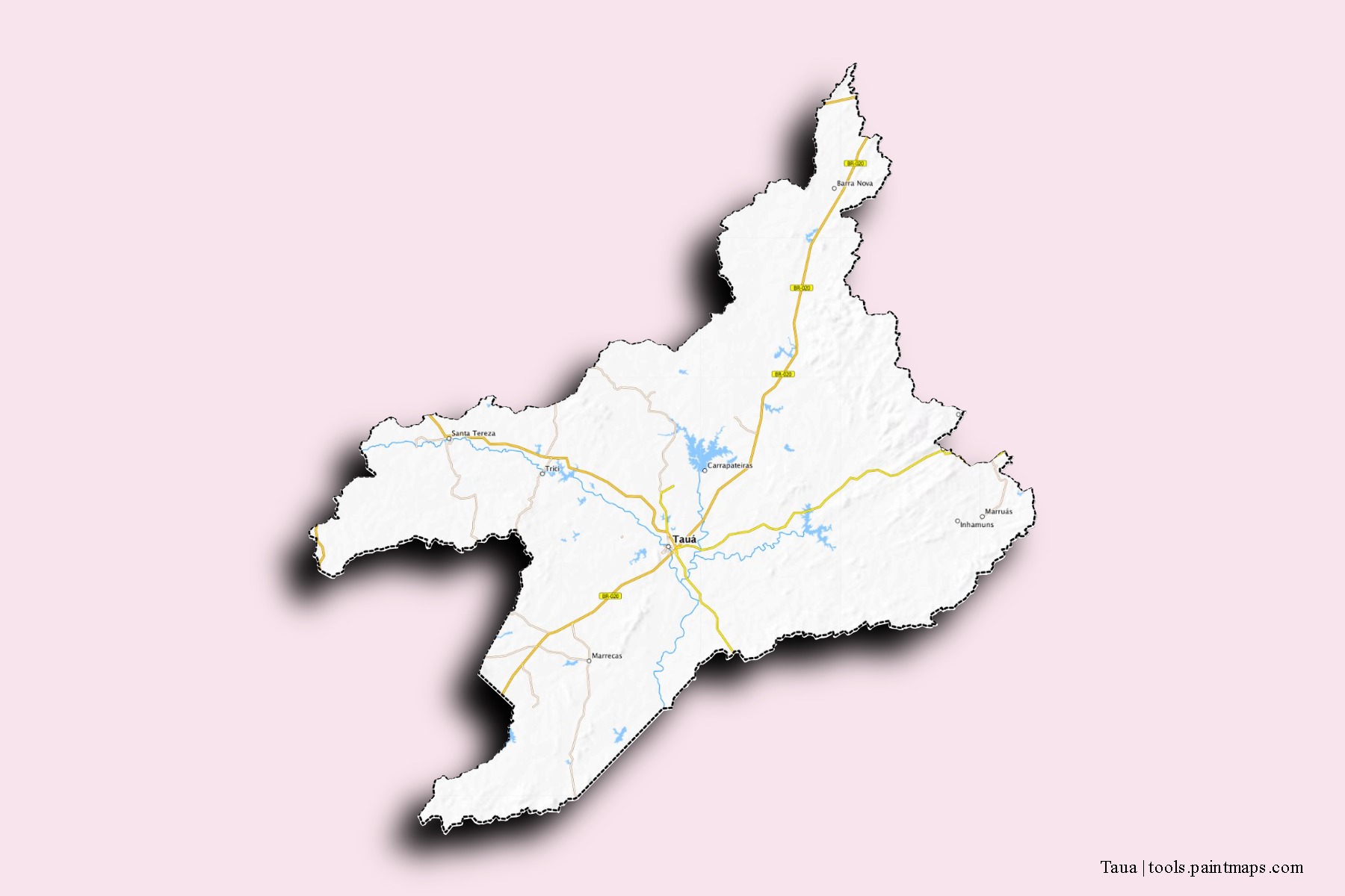 Mapa de barrios y pueblos de Taua con efecto de sombra 3D