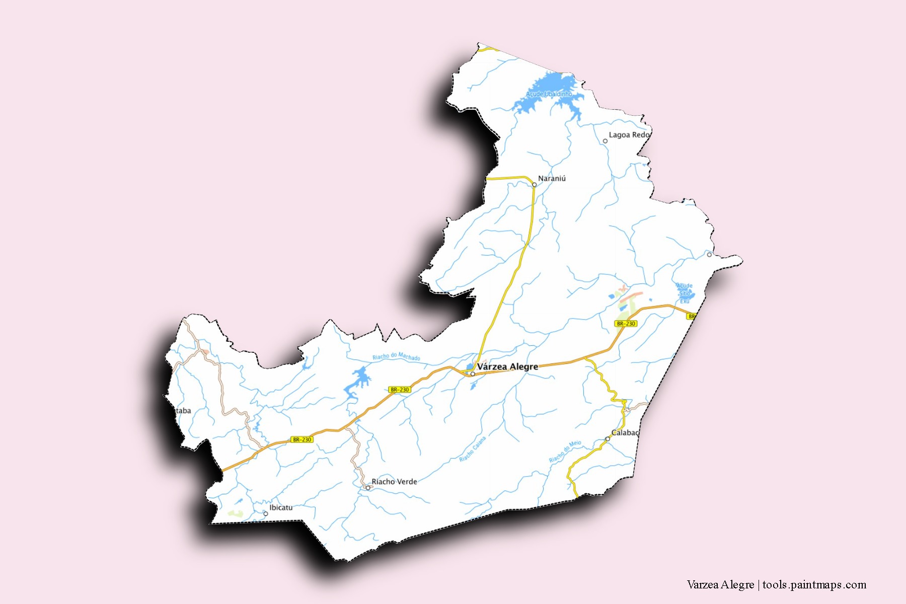 Mapa de barrios y pueblos de Varzea Alegre con efecto de sombra 3D