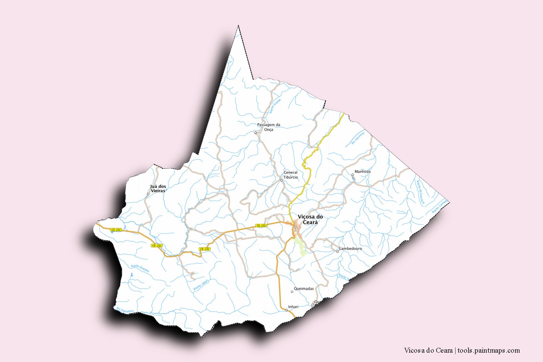 Mapa de barrios y pueblos de Vicosa do Ceara con efecto de sombra 3D