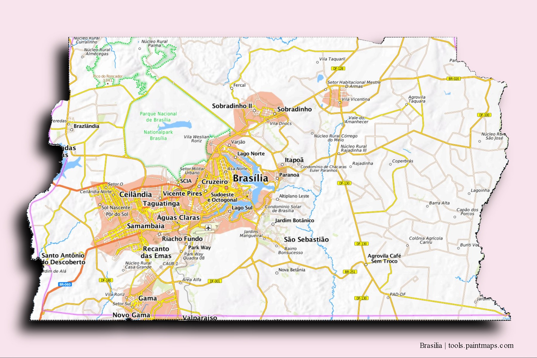 Brasilia neighborhoods and villages map with 3D shadow effect