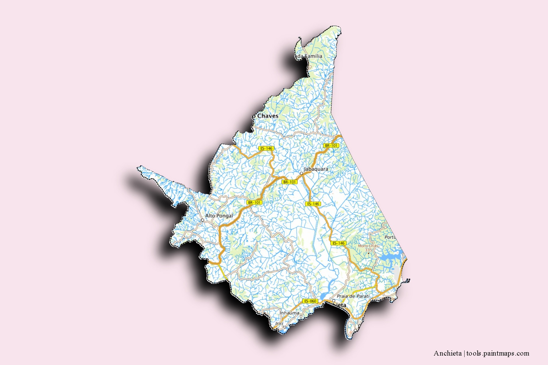 Anchieta neighborhoods and villages map with 3D shadow effect