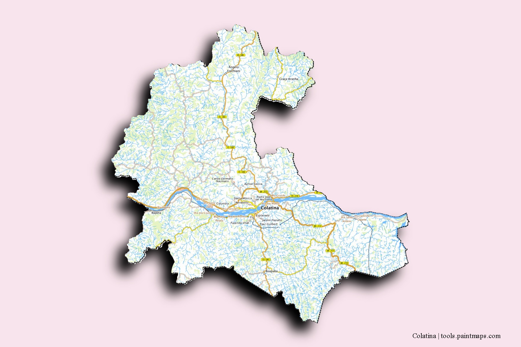 Colatina neighborhoods and villages map with 3D shadow effect