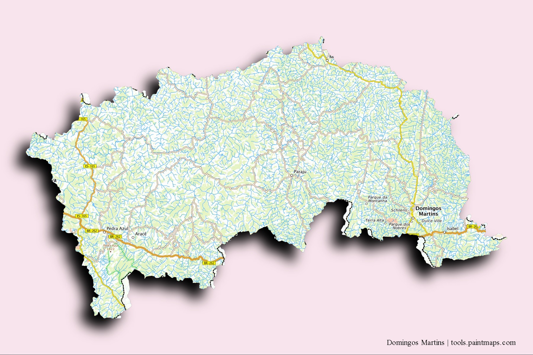 Mapa de barrios y pueblos de Domingos Martins con efecto de sombra 3D