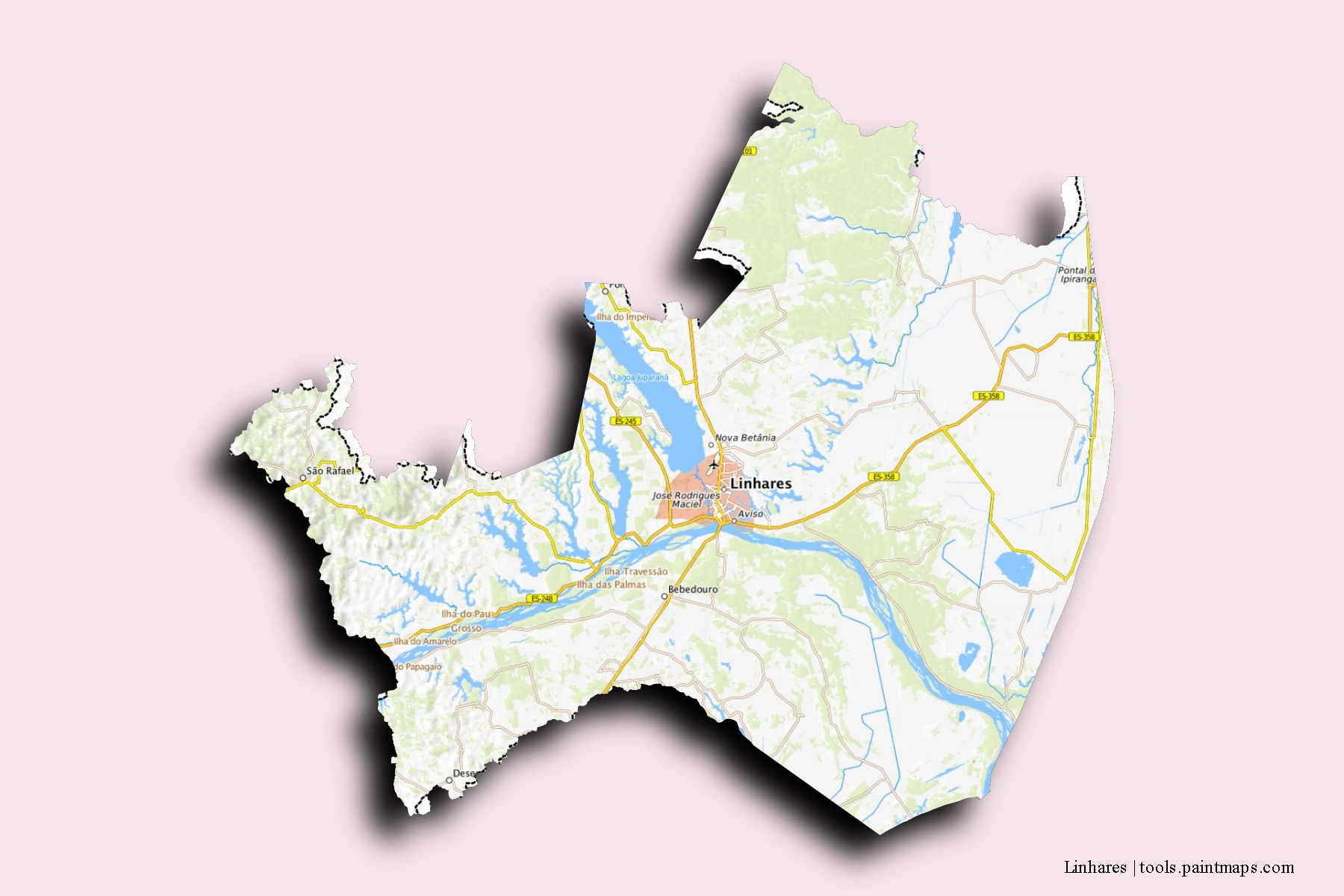 Mapa de barrios y pueblos de Linhares con efecto de sombra 3D