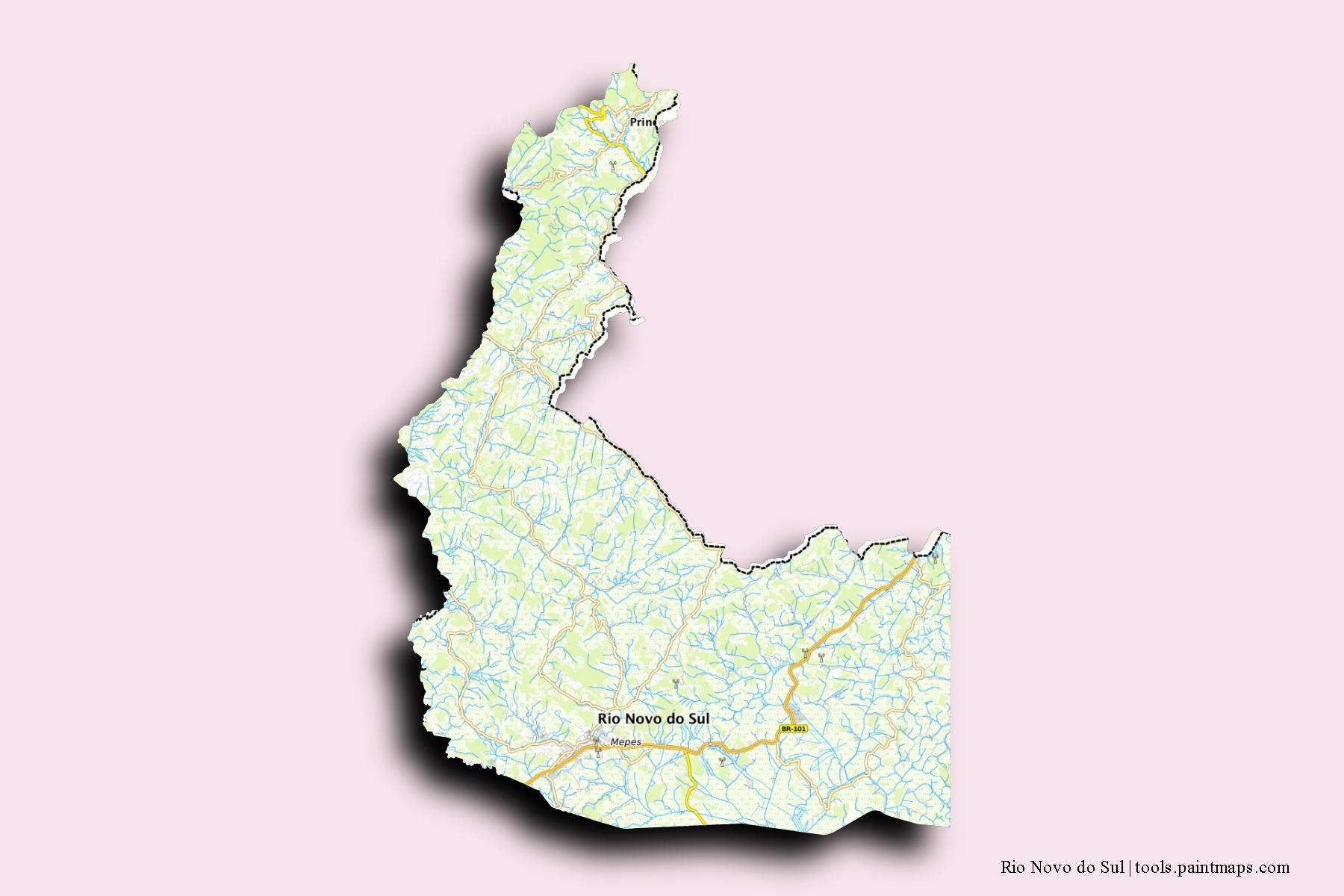 Mapa de barrios y pueblos de Rio Novo do Sul con efecto de sombra 3D